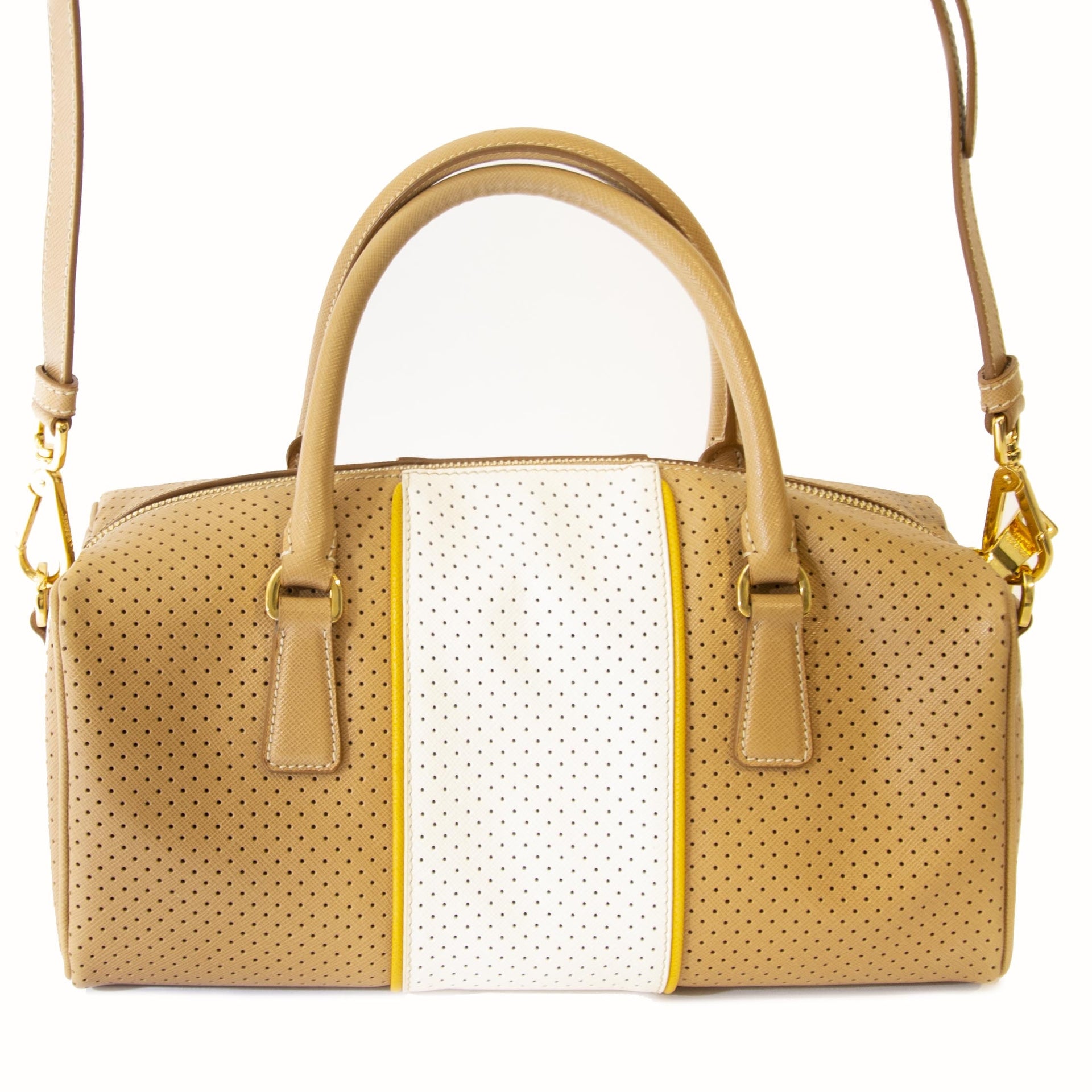 koop online tegen de beste prijs Prada Camel Saffiano Fori Boston Bag