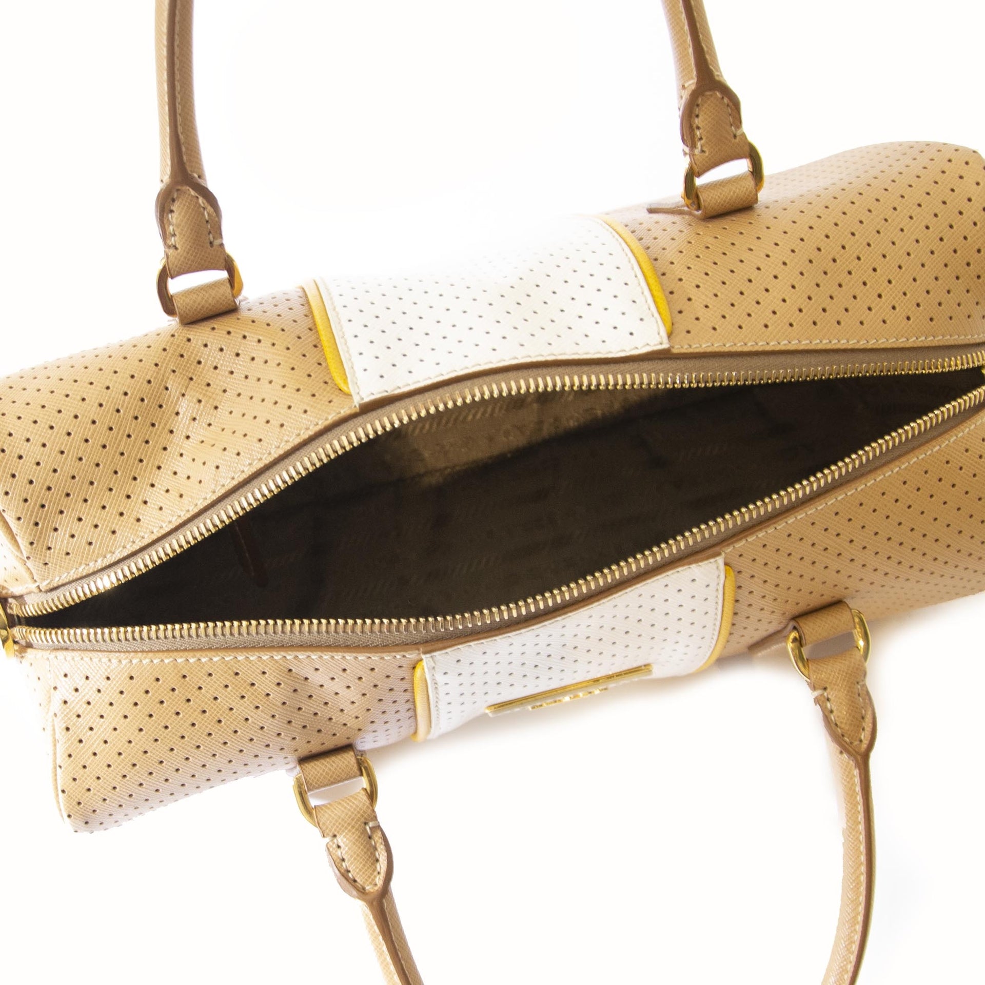 Prada Camel Saffiano Fori Boston Bag