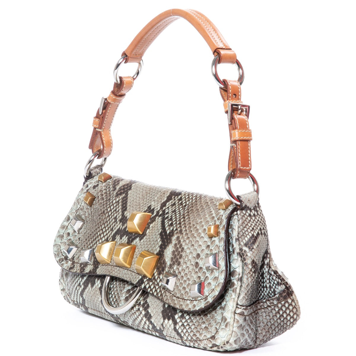 Buy an authentic second hand Prada Blue Python Studded Shoulder Bag in very good condition at Labellov