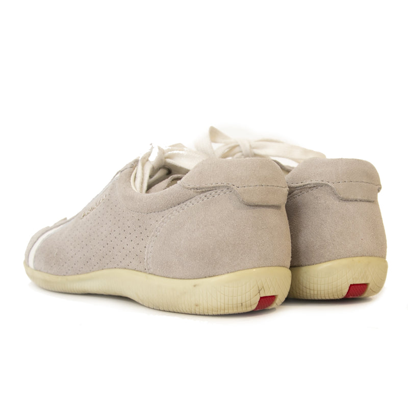 Secondhand Prada Grey Suede Sneakers at Labellov. Online webshop vintage designer handbags