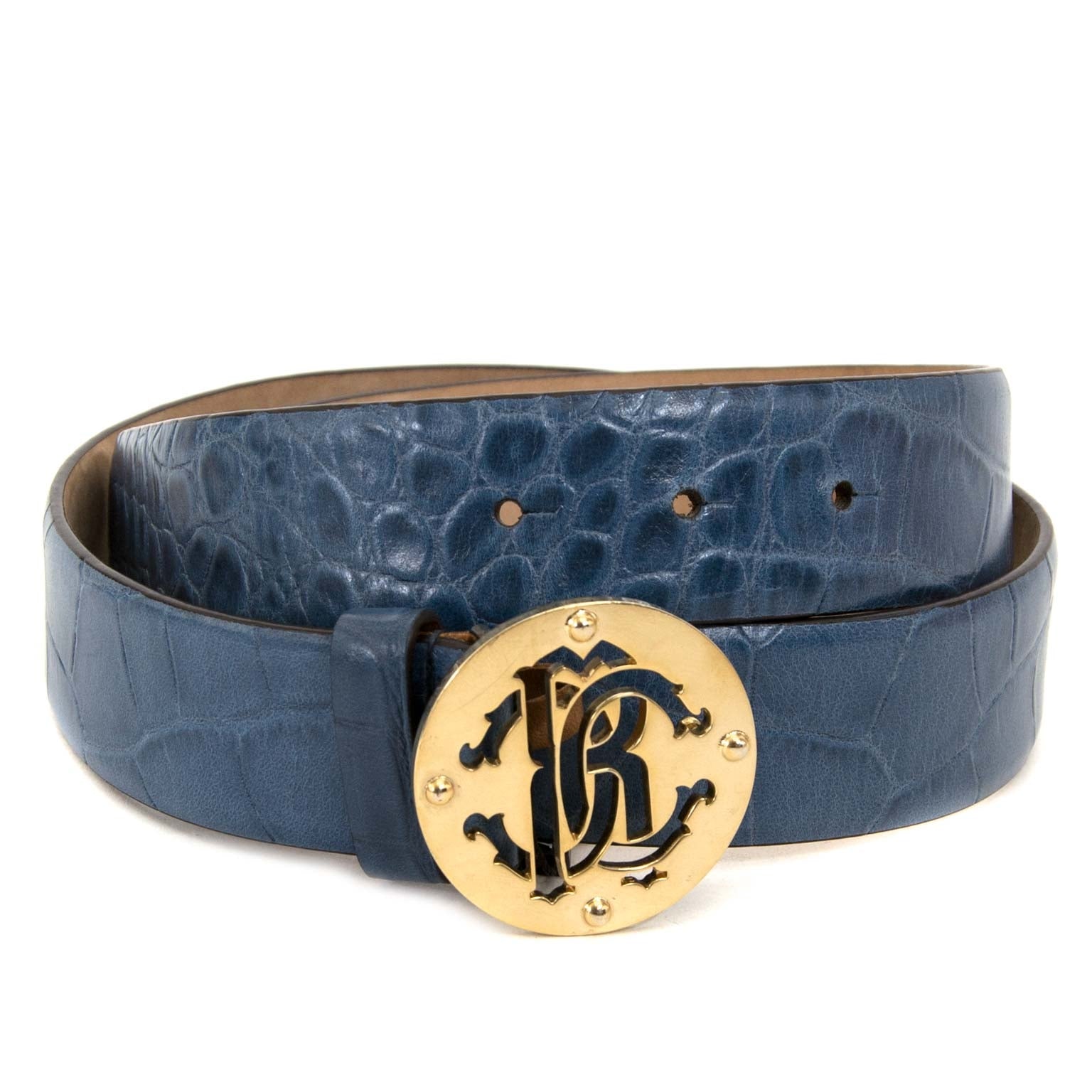 roberto cavalli blue embossed croco rc belt now for sale at labellov vintage fashion webshop belgium