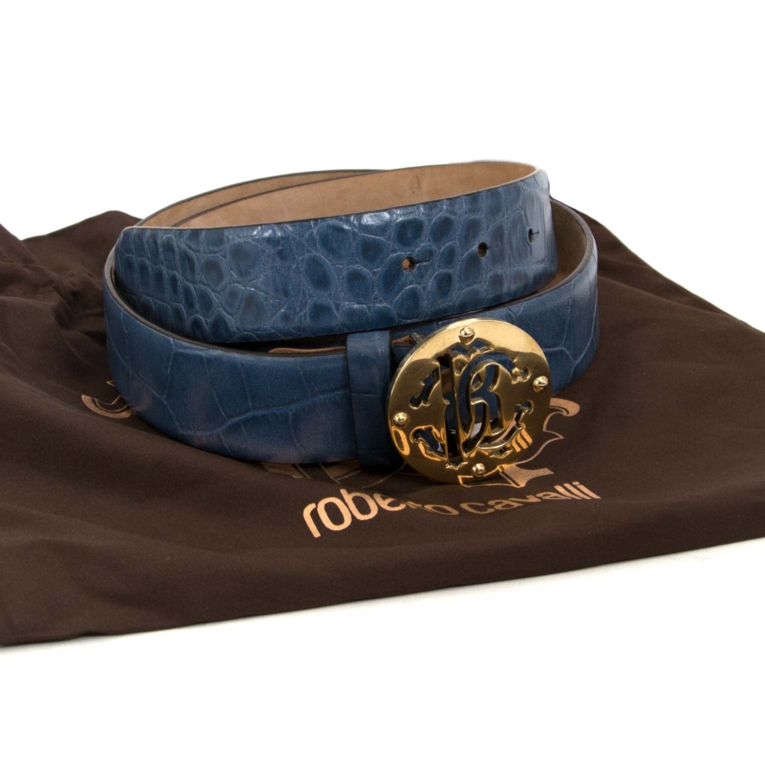 roberto cavalli blue embossed croco rc belt now for sale at labellov vintage fashion webshop belgium