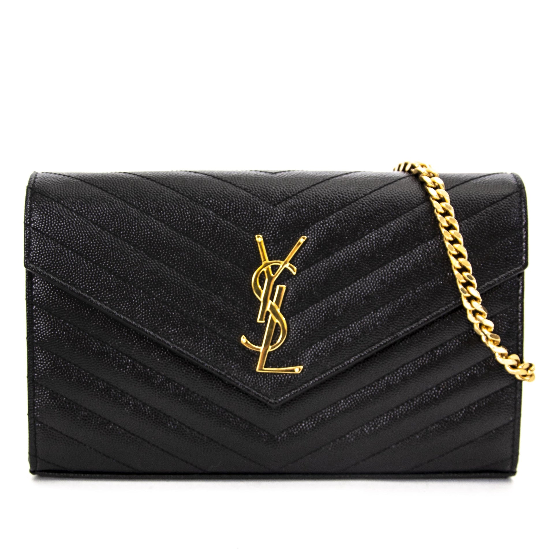 Yves Saint Laurent Black Quilted Wallet On A Chain now for sale at labellov vintage fashion webshop belgium
