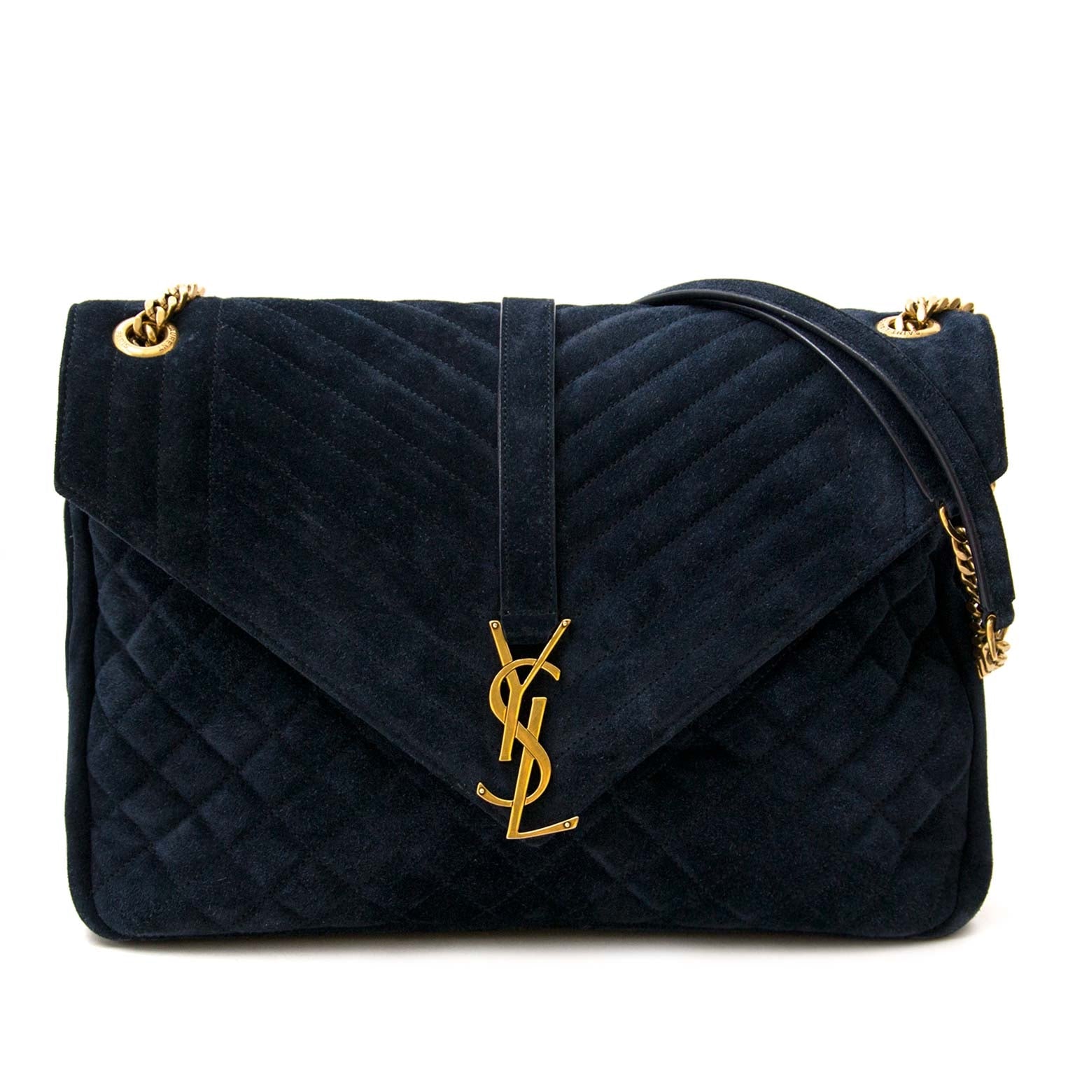 Buy your authentic Saint Laurent Monogram Envelop Classic Large Quilted Suede Shoulder Bag for the best price at Labellov