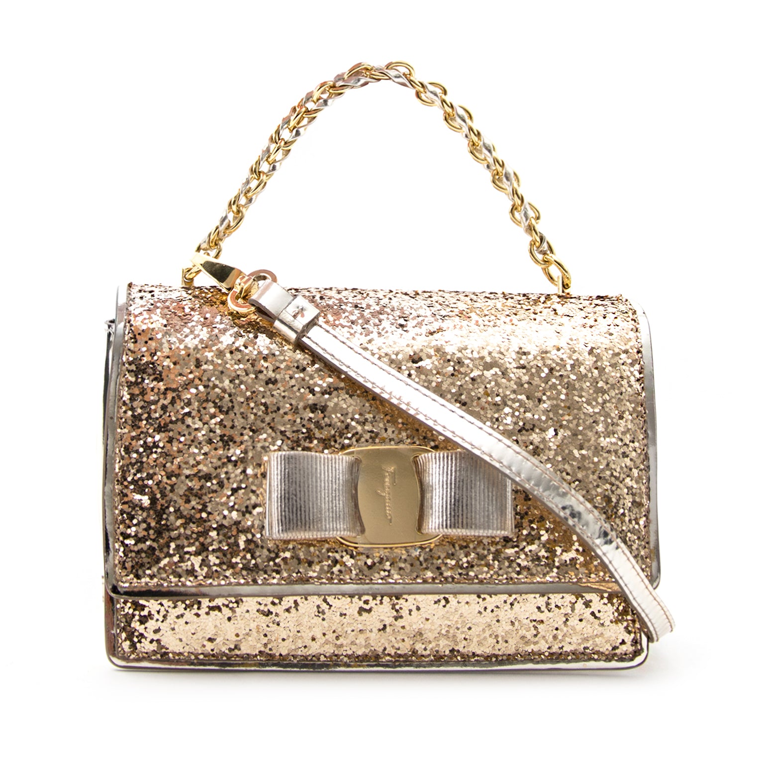 Looking for a Salvatore Ferragamo Gold 'Ginny' Clutch?
