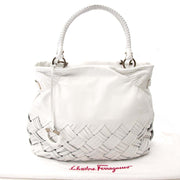 Salvatore Ferragamo White Braided Leather Shoulder Bag te koop