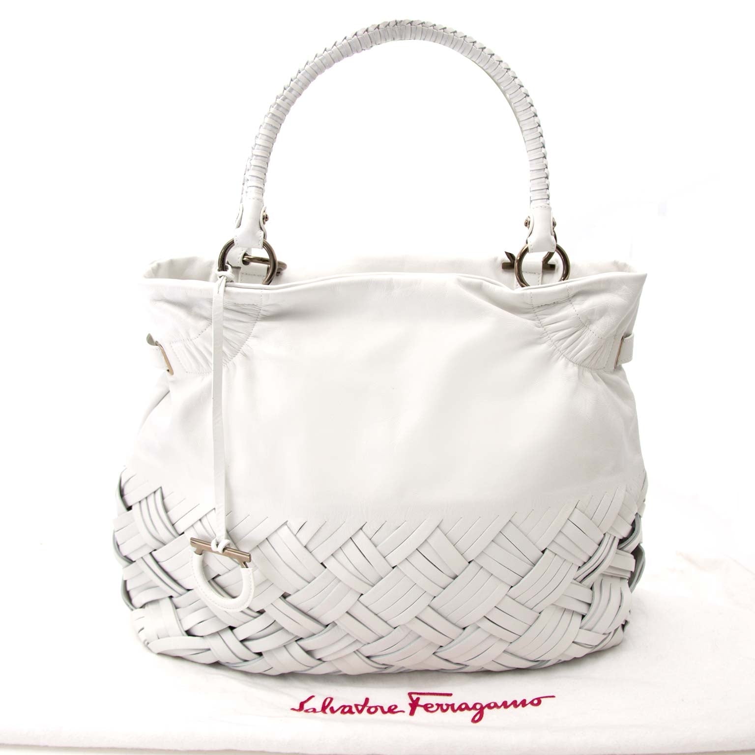 Salvatore Ferragamo White Braided Leather Shoulder Bag te koop