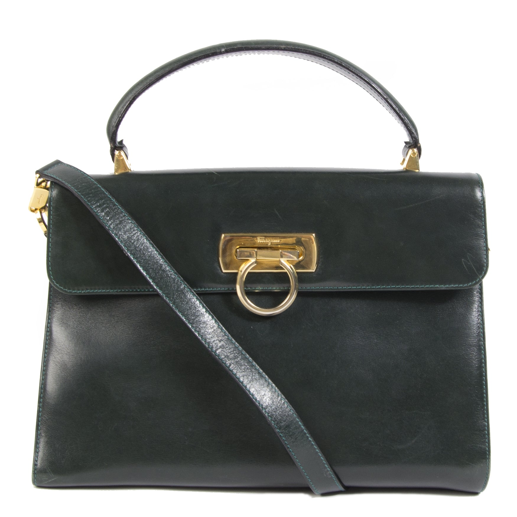 Authentic secondhand Salvatore Ferragamo Green Gancini Top Handle Tote + Strap designer bags luxury vintage webshop fashion safe secure online shopping worldwide shipping delivery