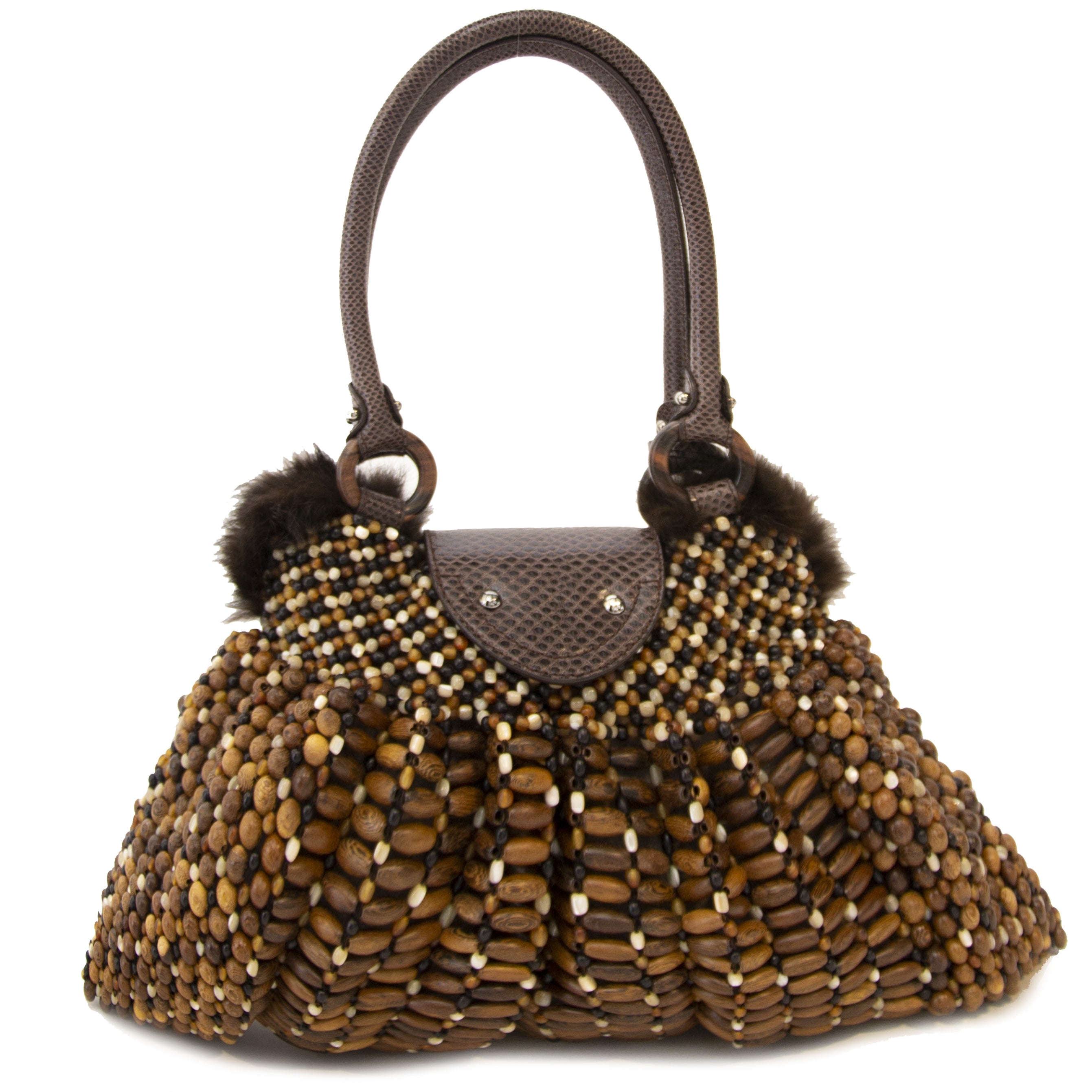 Salvatore Ferragamo Rare Wood Beaded & Mink Fur Hobo Bag – Labellov