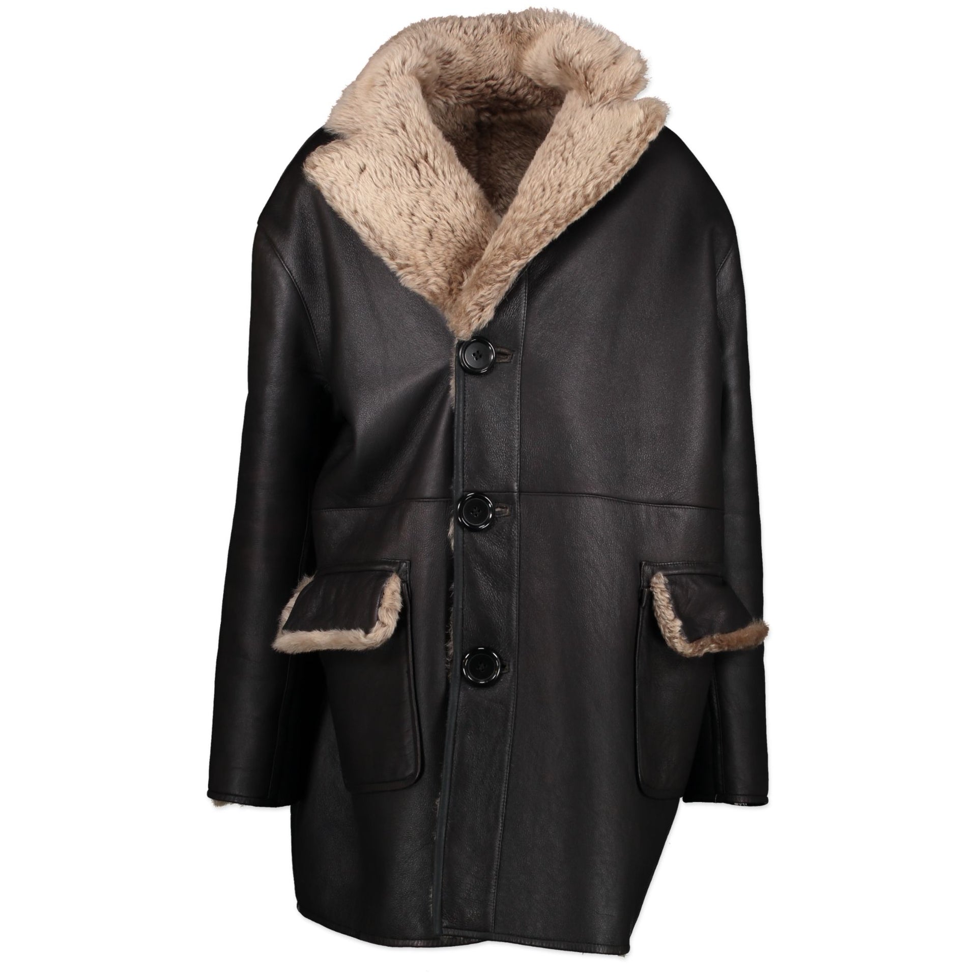 Marni Black Lamb Leather Reversible Shearling Coat - size FR40