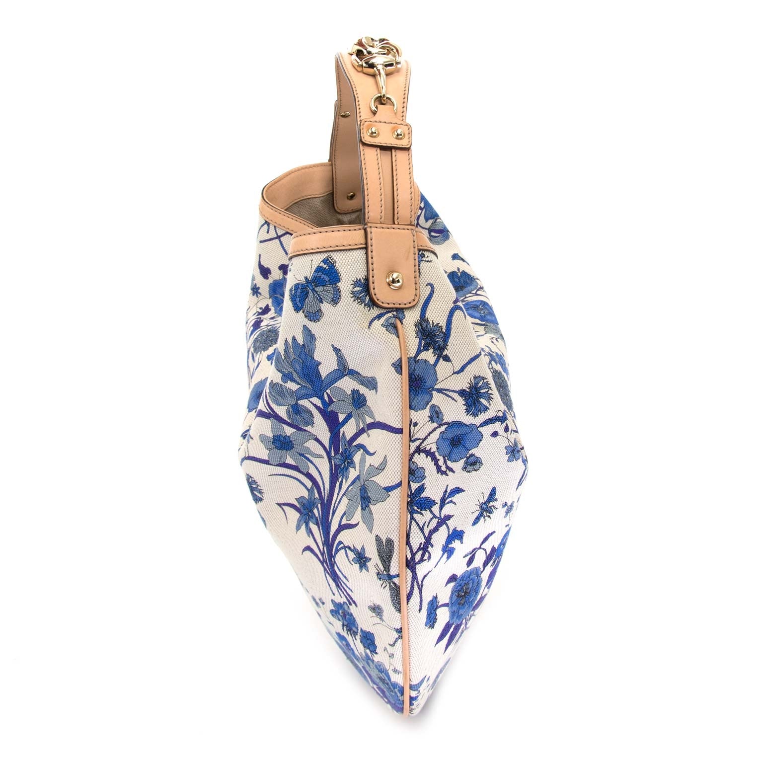 Gucci Blue Flora Canvas Wave Horsebit Hobo Bag now for sale at labellov vintage fashion webshop belgium