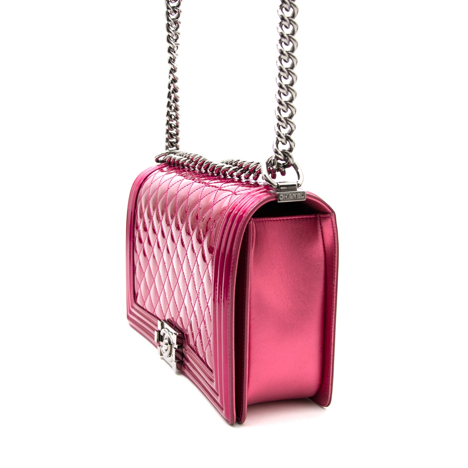 koop veilig online gelimiteerde Chanel Metallic Patent Fuchsia New Medium Boy Bag boetiek en webshop