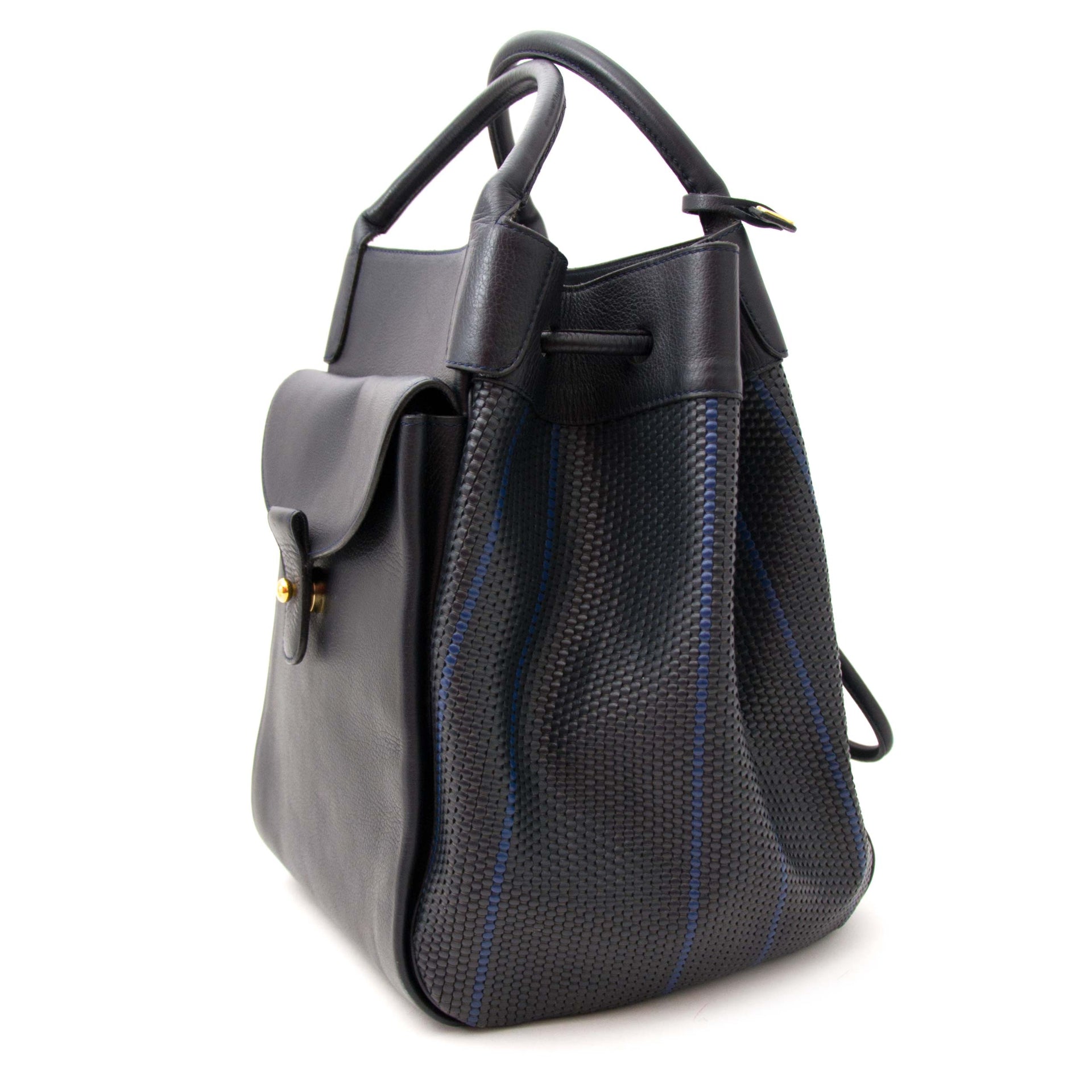 acheter en linge seconde main Delvaux Dark Blue and Black Woven Toile de Cuir Top Handle Bag