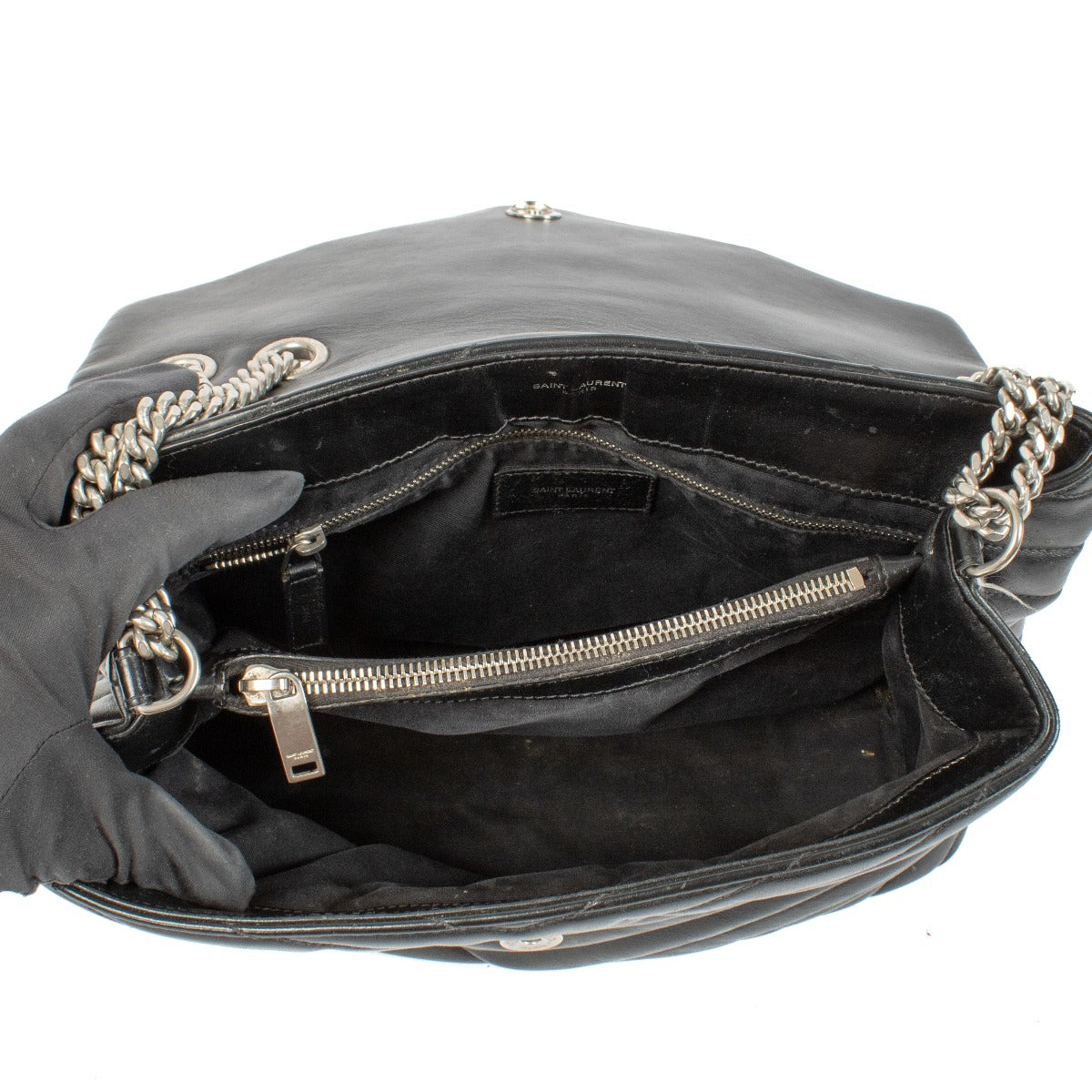 Sac Loulou Saint Laurent matelassé en cuir noir, taille moyenne