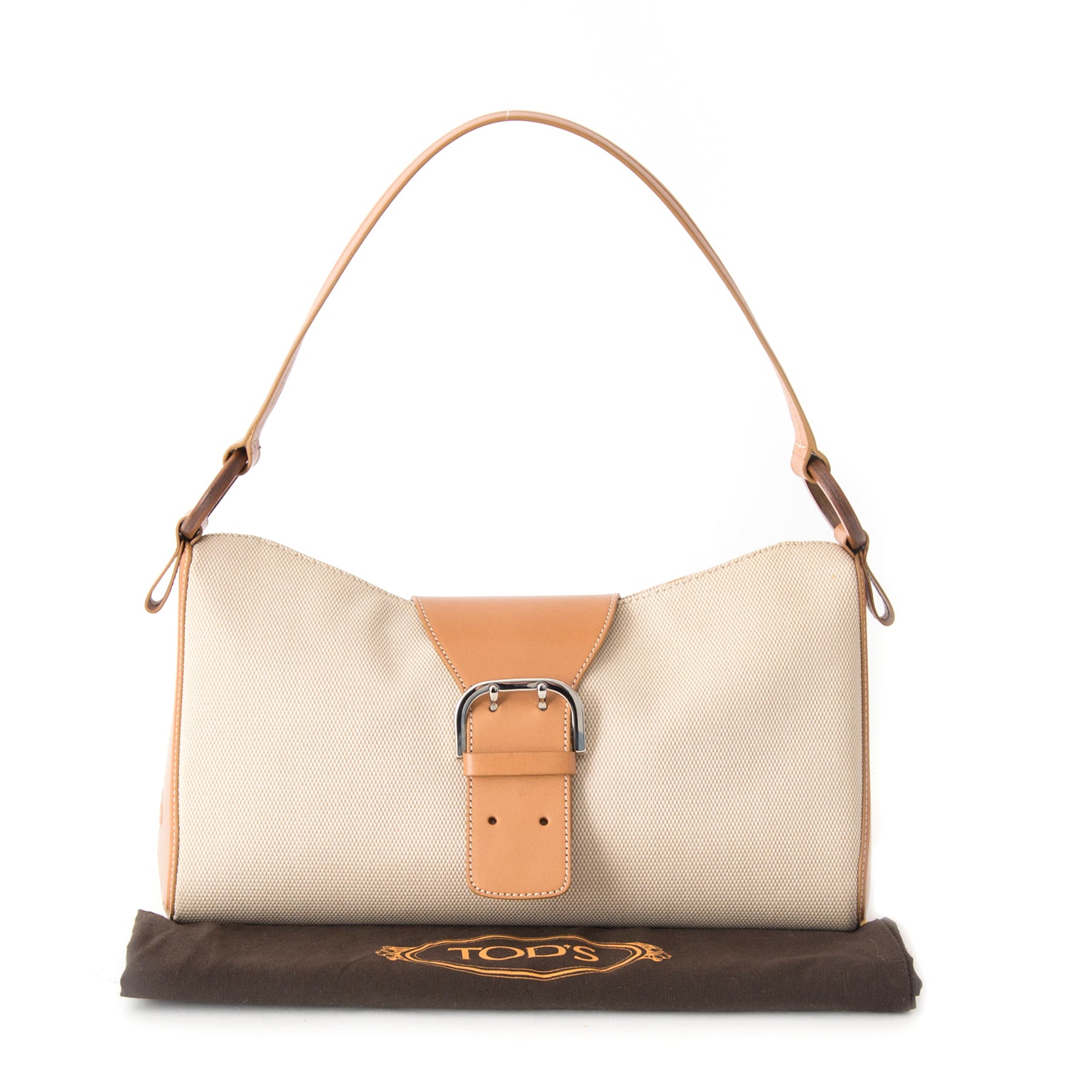 koop veilig online aan de beste prijs Tod's Beige Canvas Shoulder Bag net als nieuw online webshop tweedehands luxe handtasen, LabelLov antwerpen