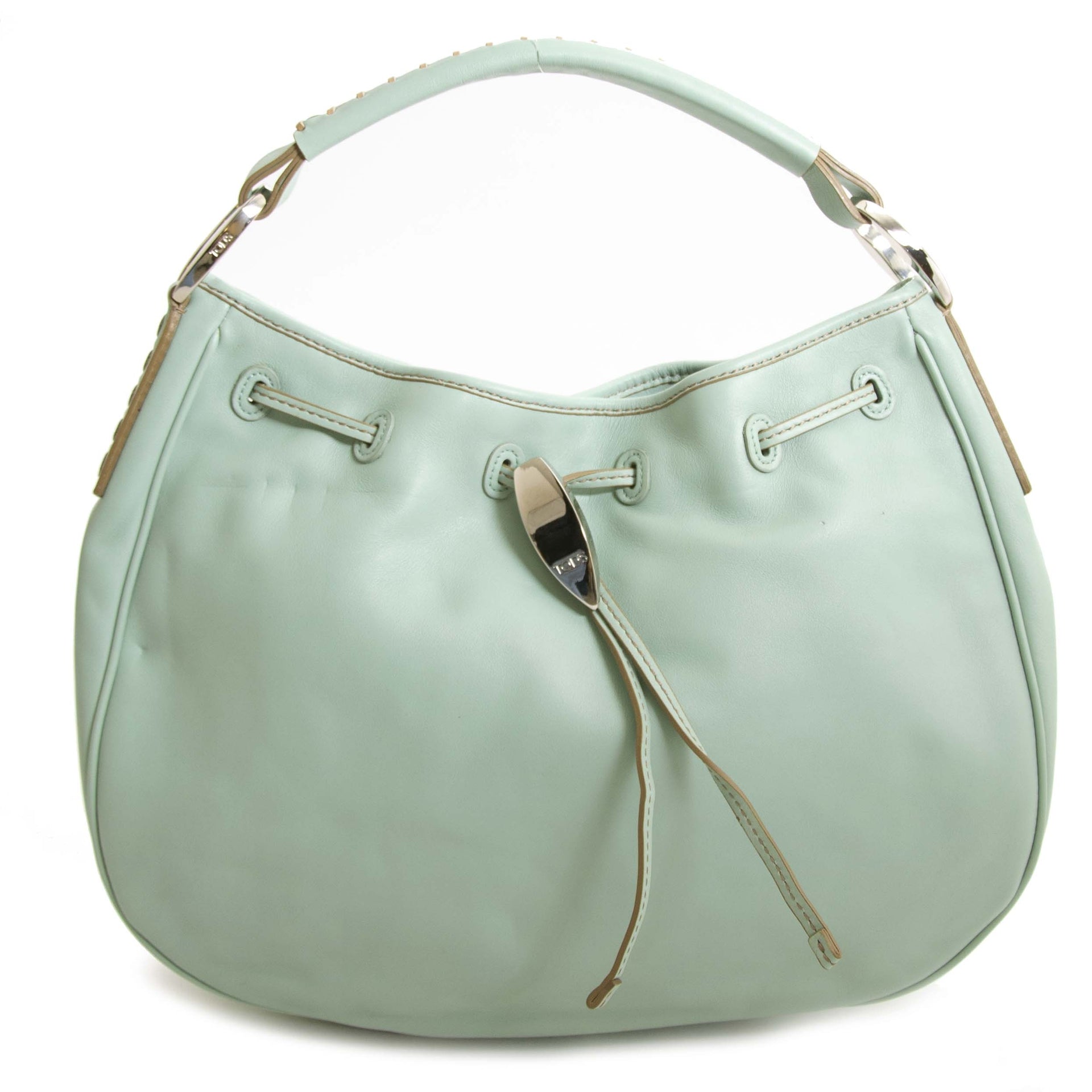 Tod's Pastel Green Shoulder Drawstring Bag now for sale at labellov vintage fashion webshop belgium