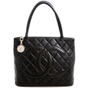 Chanel Vintage Black Lambskin Leather Tote Bag with Silver Medallion