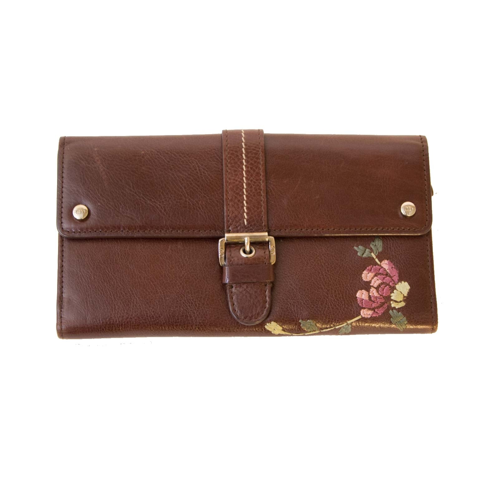 christian dior brown leather flower wallet now for sale at labellov vintage fashion webshop belgium