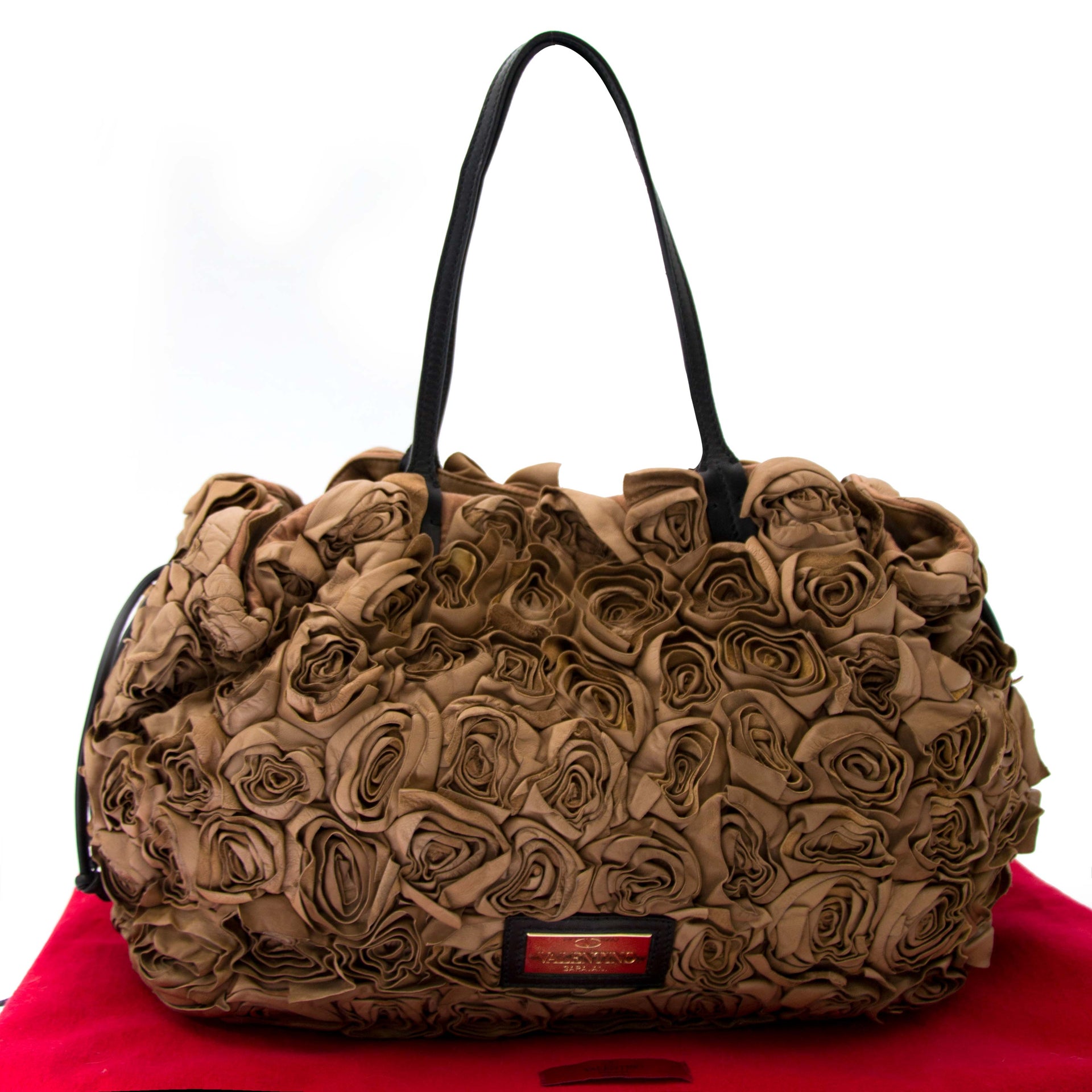Valentino Taupe Leather Floral Rosette schoudertas in bruin leder bij labellov