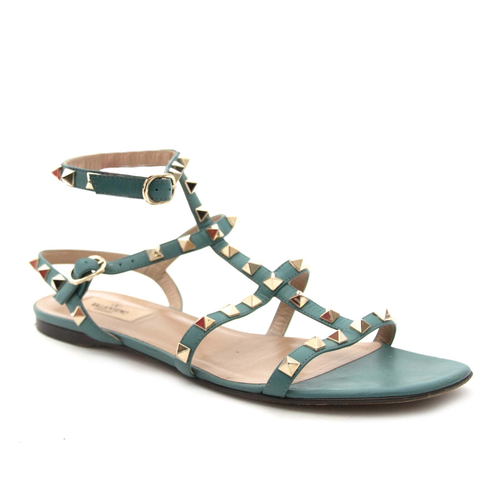Valentino Aqua Rockstud Flat Sandals - Size 39