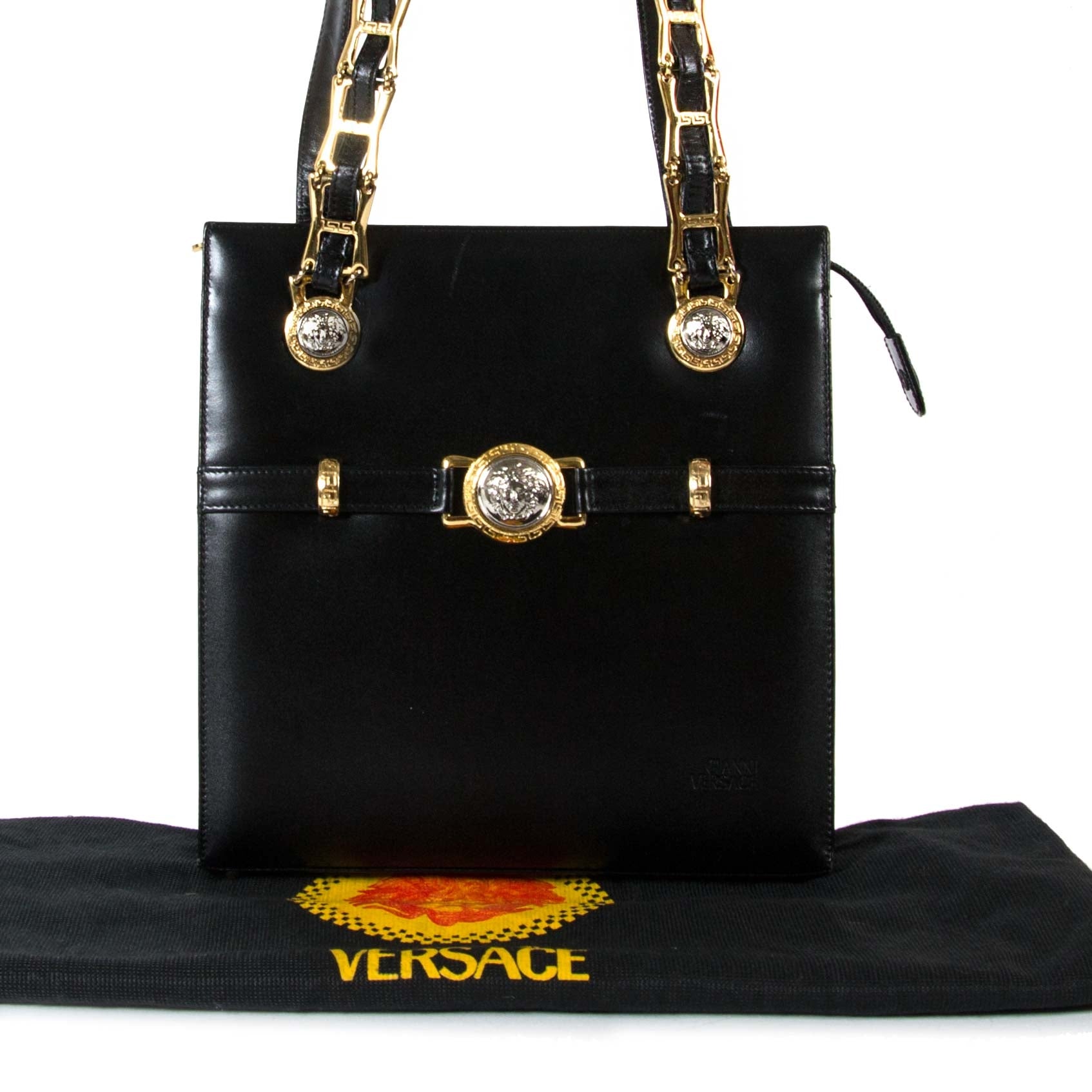 Gianni Versace Black Leather And Chain Shoulder Bag for sale online at Labellov