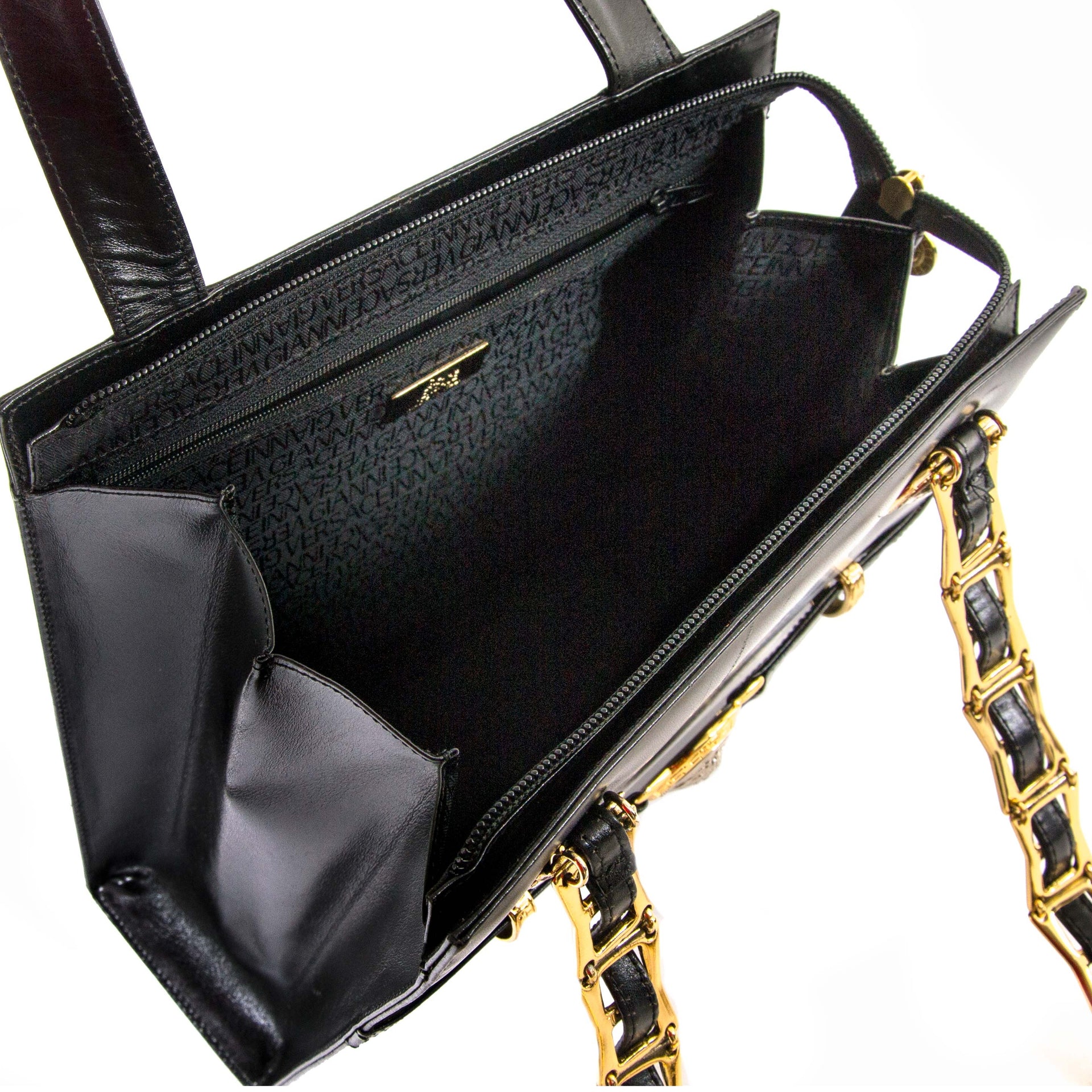 Gianni Versace Black Leather And Chain Shoulder Bag inside of the bag