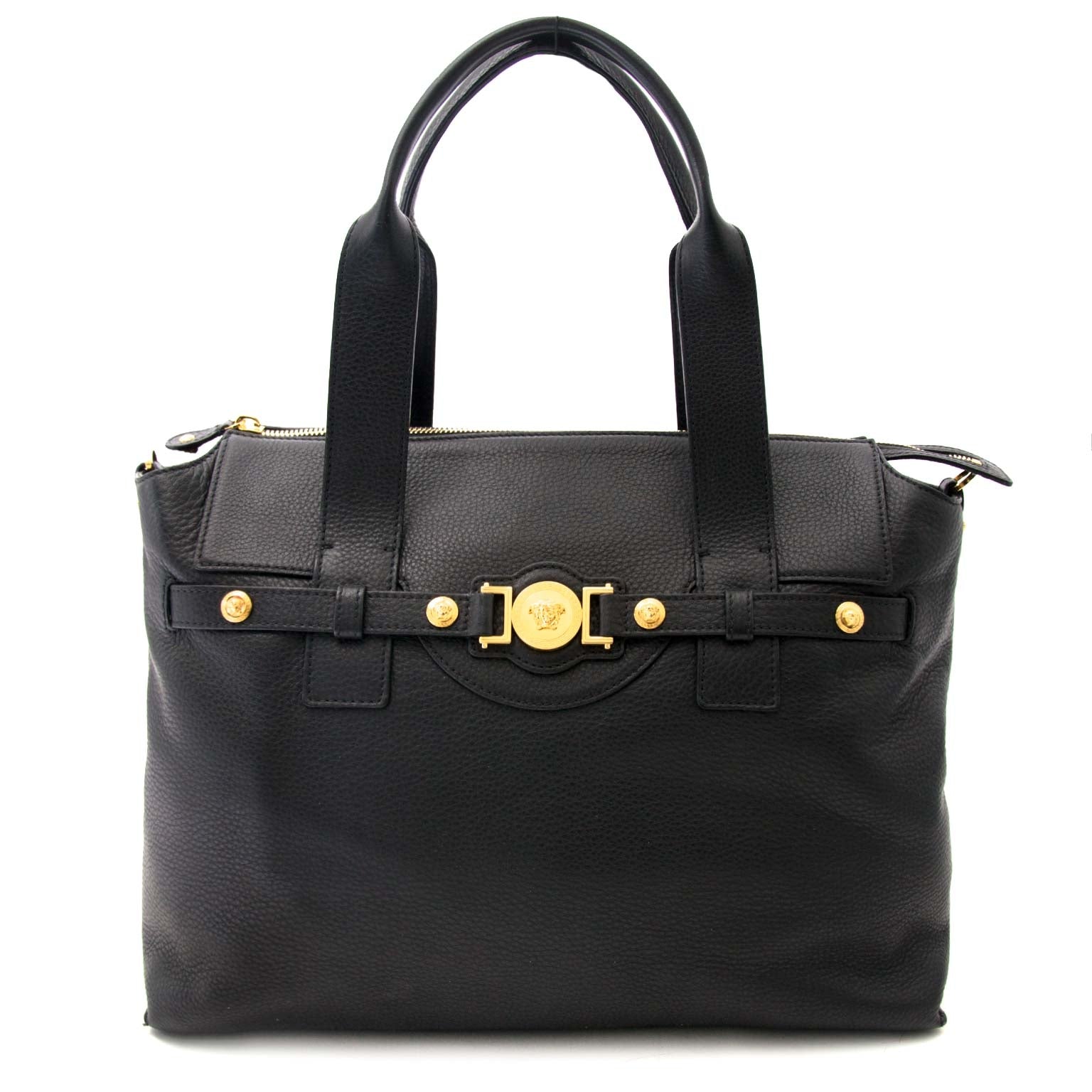 Versace Black Pebbled Leather Medusa Shopping Tote for sale online at Labellov
