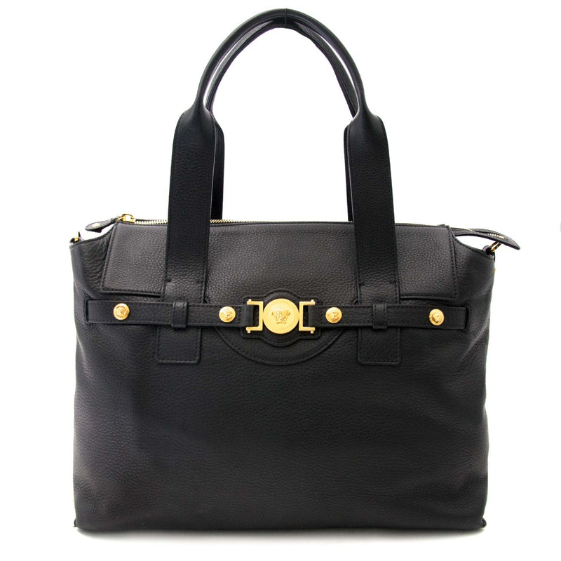 Versace Black Pebbled Leather Medusa Shopping Tote for sale online at Labellov