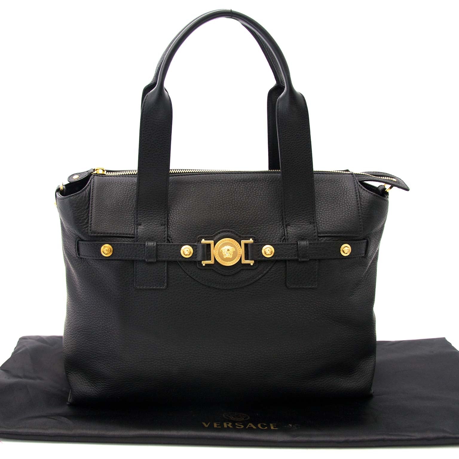Versace Black Pebbled Leather Medusa Shopping Tote te koop