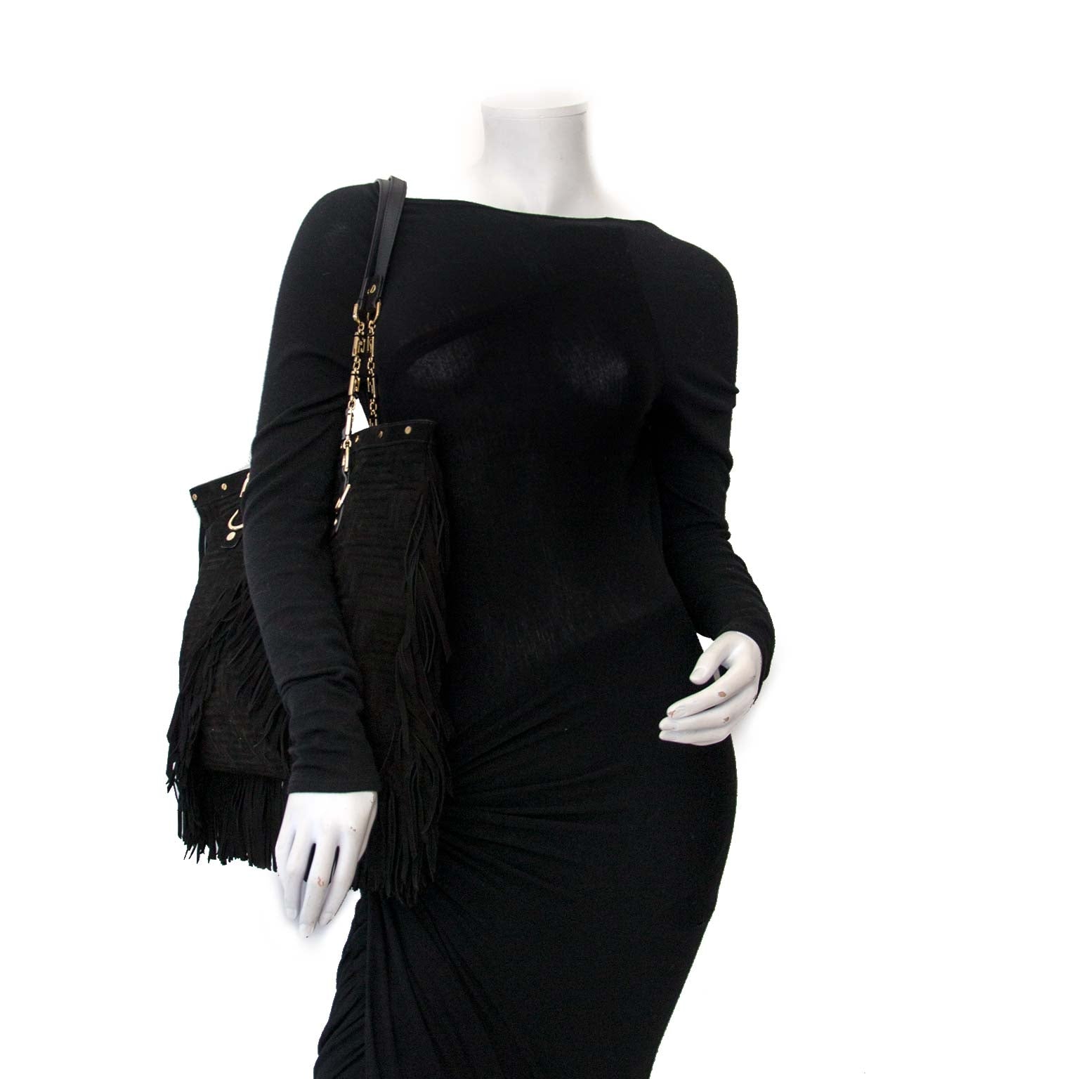 Bent u op zoek naar een authentieke Gianni Versace Black Suede Fringe Shoulder Bag?