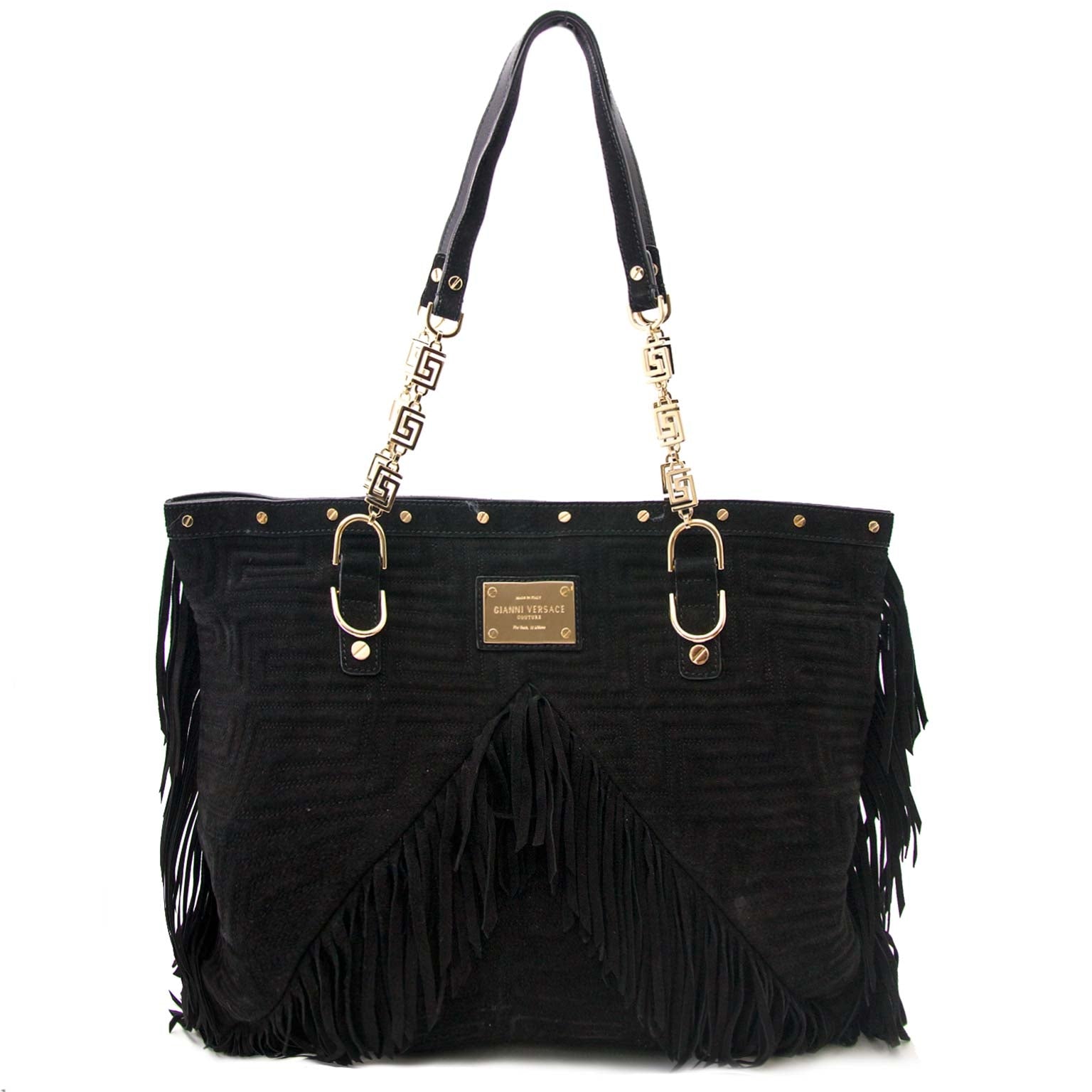 100% authentic Gianni Versace Black Suede Fringe Shoulder Bag
