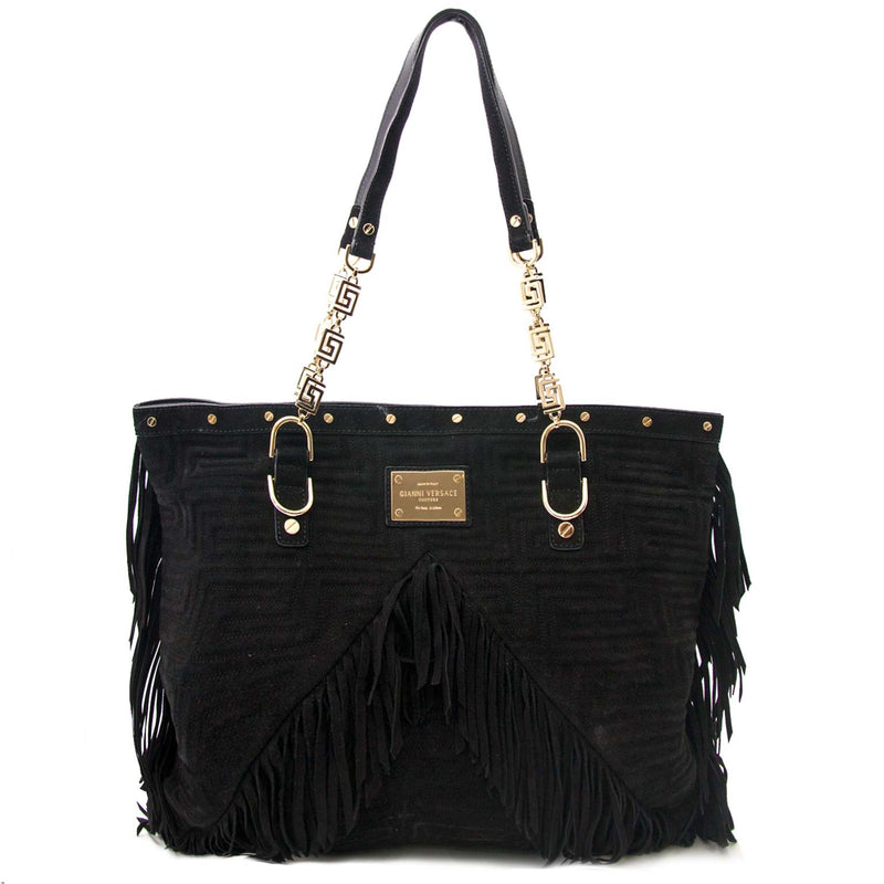 100% authentic Gianni Versace Black Suede Fringe Shoulder Bag
