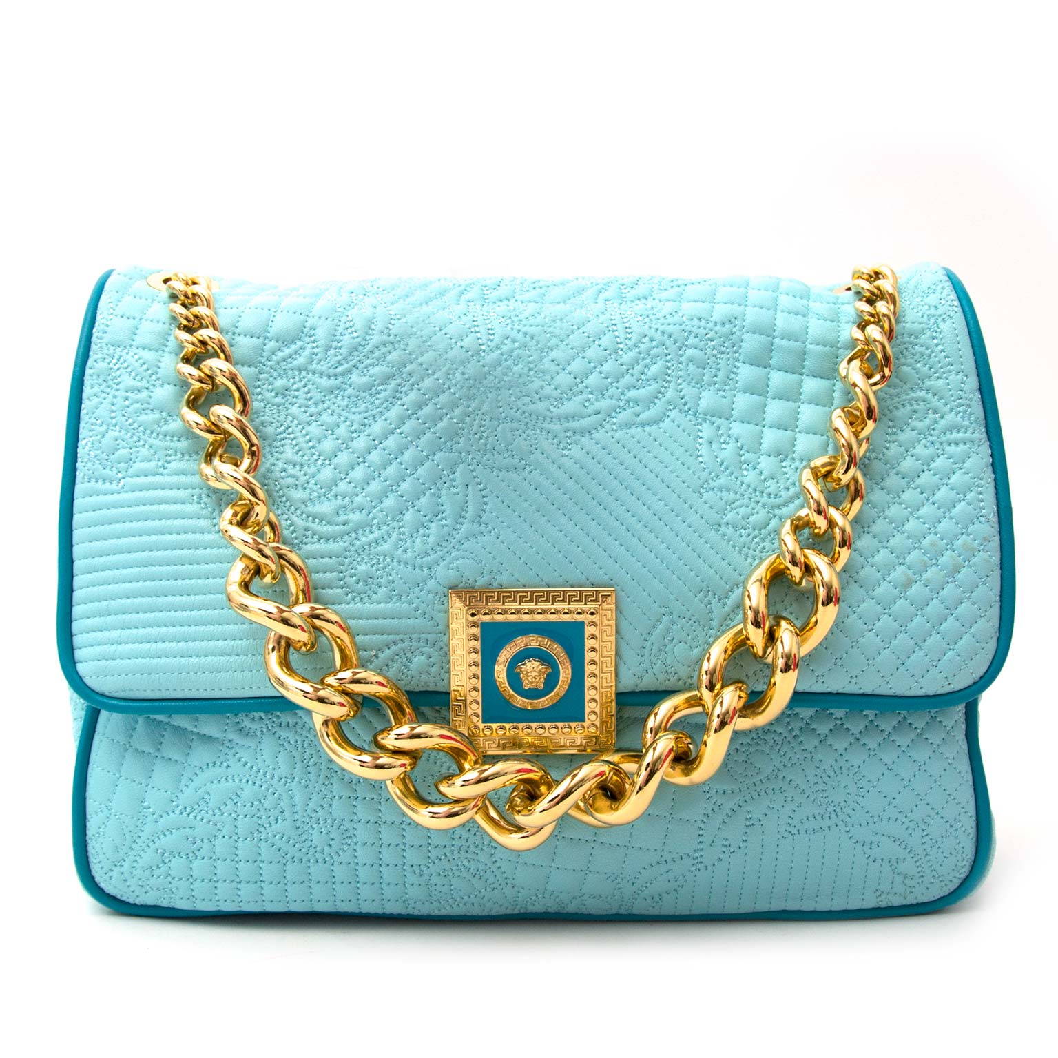 koop veilig online aan de beste prijs Versace Turquoise Quilted Leather 'Vanitas' Flap Chain Strap Handbag