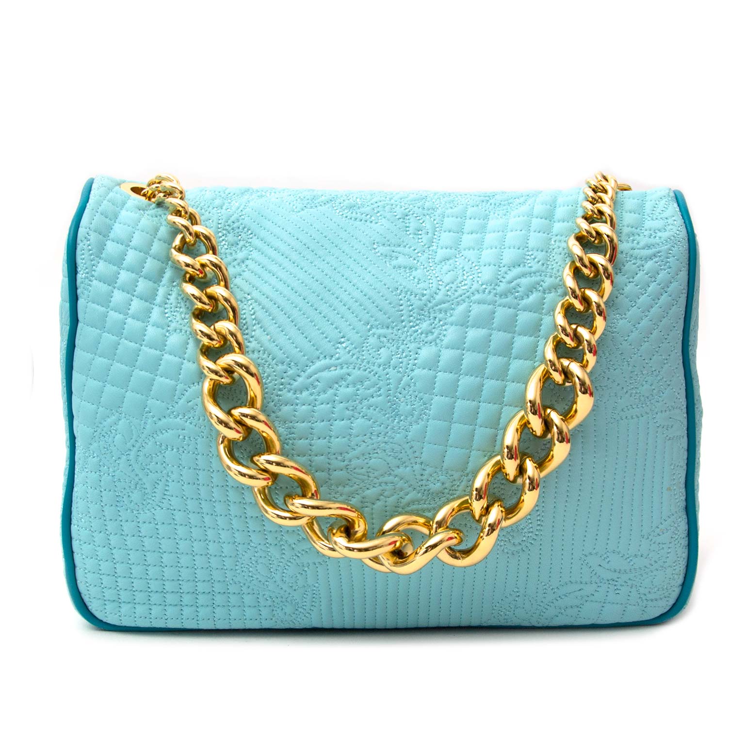 shop safe online your Versace Turquoise Quilted Leather 'Vanitas' Flap Chain Strap Handbag