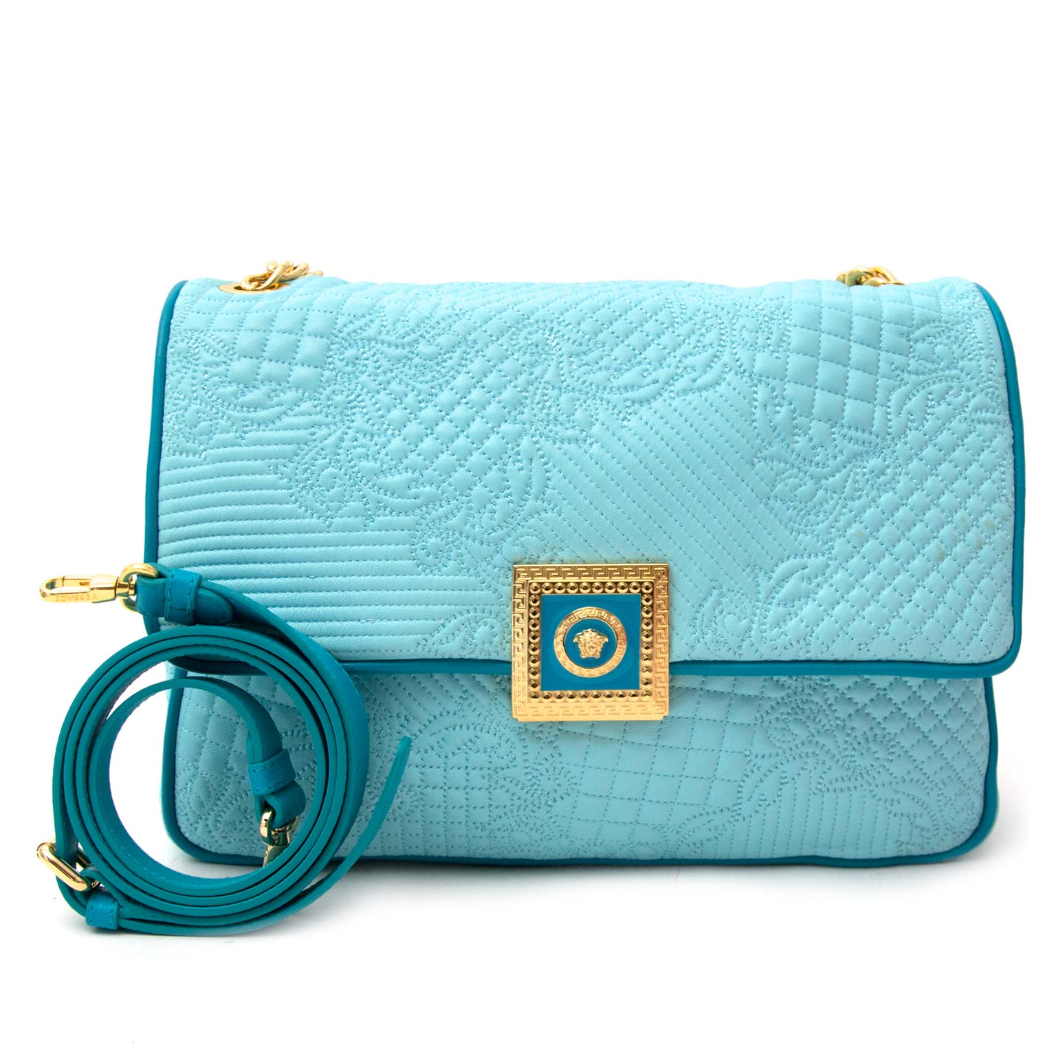 shop safe online your Versace Turquoise Quilted Leather 'Vanitas' Flap Chain Strap Handbag