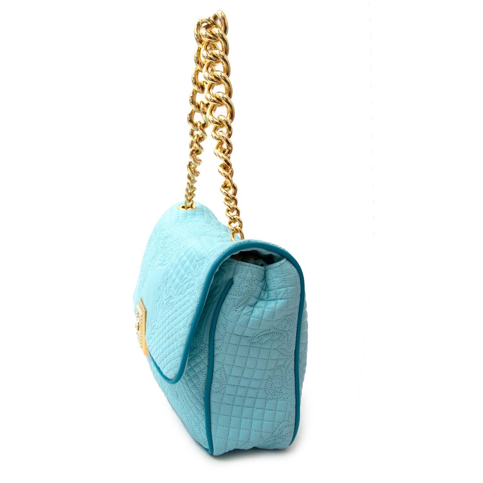 koop online tegen de beste prijs Versace Turquoise Quilted Leather 'Vanitas' Flap Chain Strap Handbag