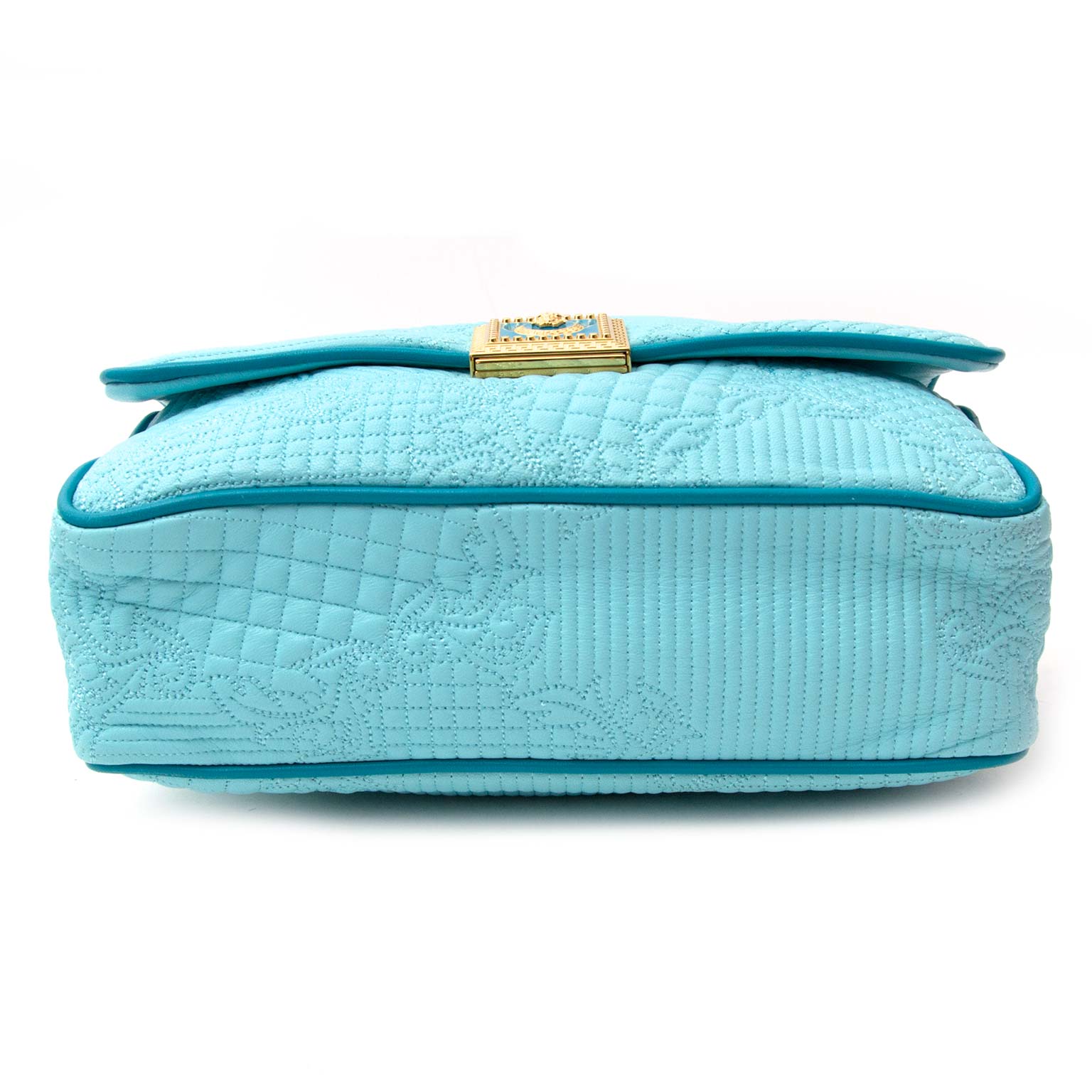 koop veilig online Versace Turquoise Quilted Leather 'Vanitas' Flap Chain Strap Handbag