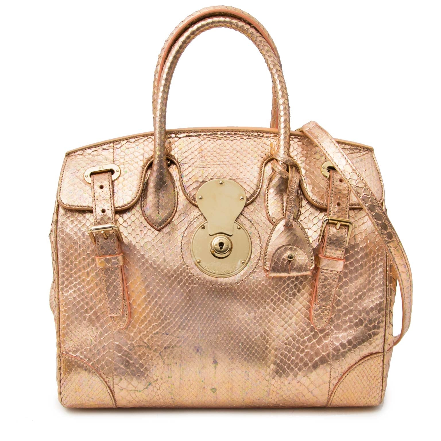 acheter en ligne seconde main Ralph Lauren Rose Gold Metallic Pearl Python Ricky 33 Bag
