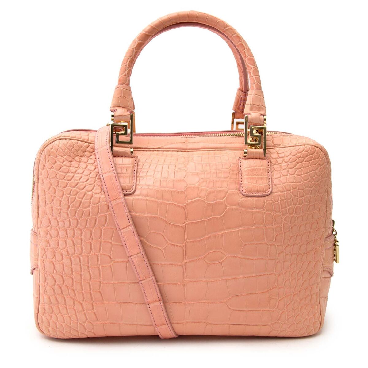 Compra una cartera Versace croco autentica en el color rosado muy en moda para el precio correcto en LabelLOV Amberes.