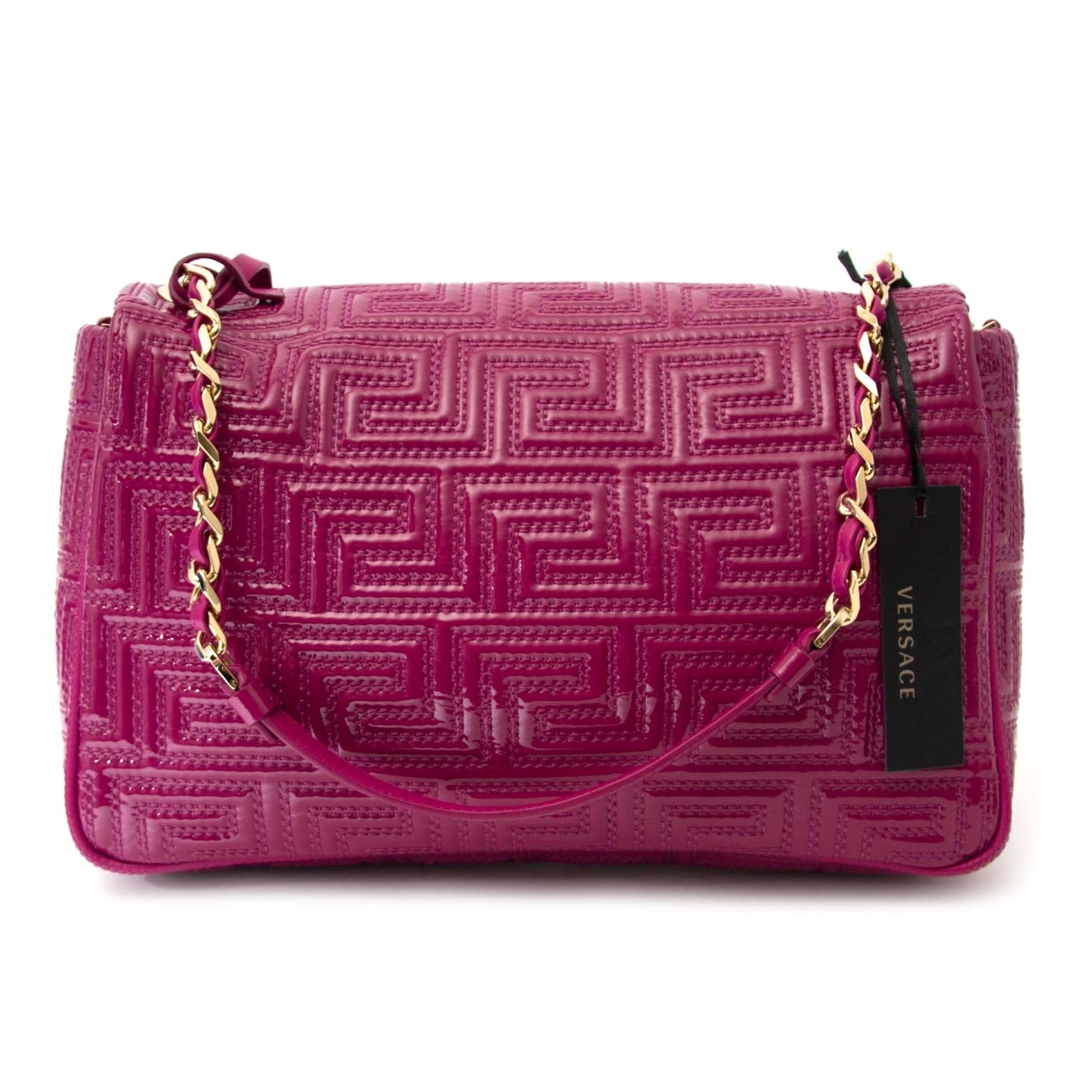 Versace Couture Fuchsia Patent Shoulder Bag Buy authentic designer versace secondhand bags at Labellov at the best price. Safe and secure shopping. Koop tweedehands authentieke versace tassen bij designer webwinkel labellov.