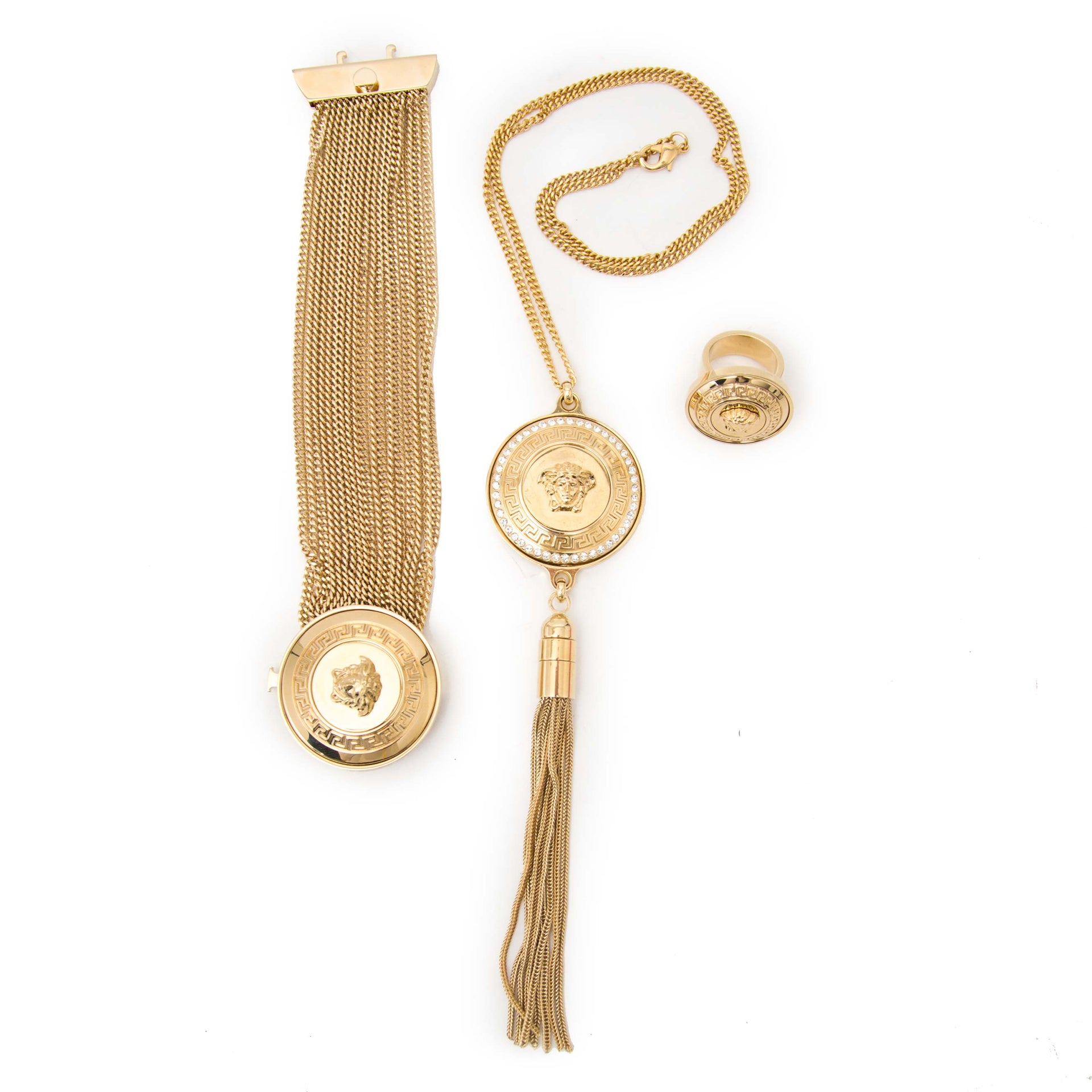 Are you interested in an iconic Versace Gold Medusa Jewelry Set of Three