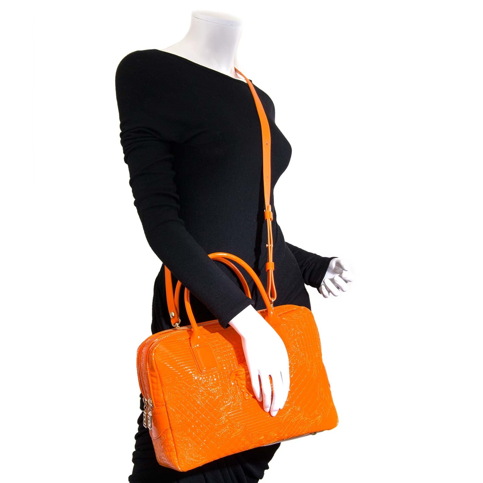 Versace Orange Patent Leather Bowling Bag for sale online at Labellov