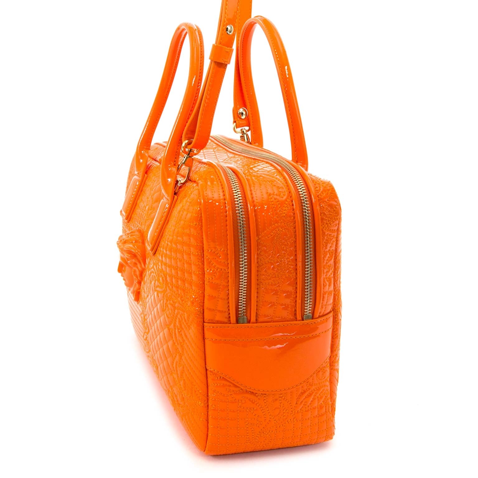Achetez secur en ligne votre sac Versace Orange Patent Leather Bowling Bag pour le meilleur prix