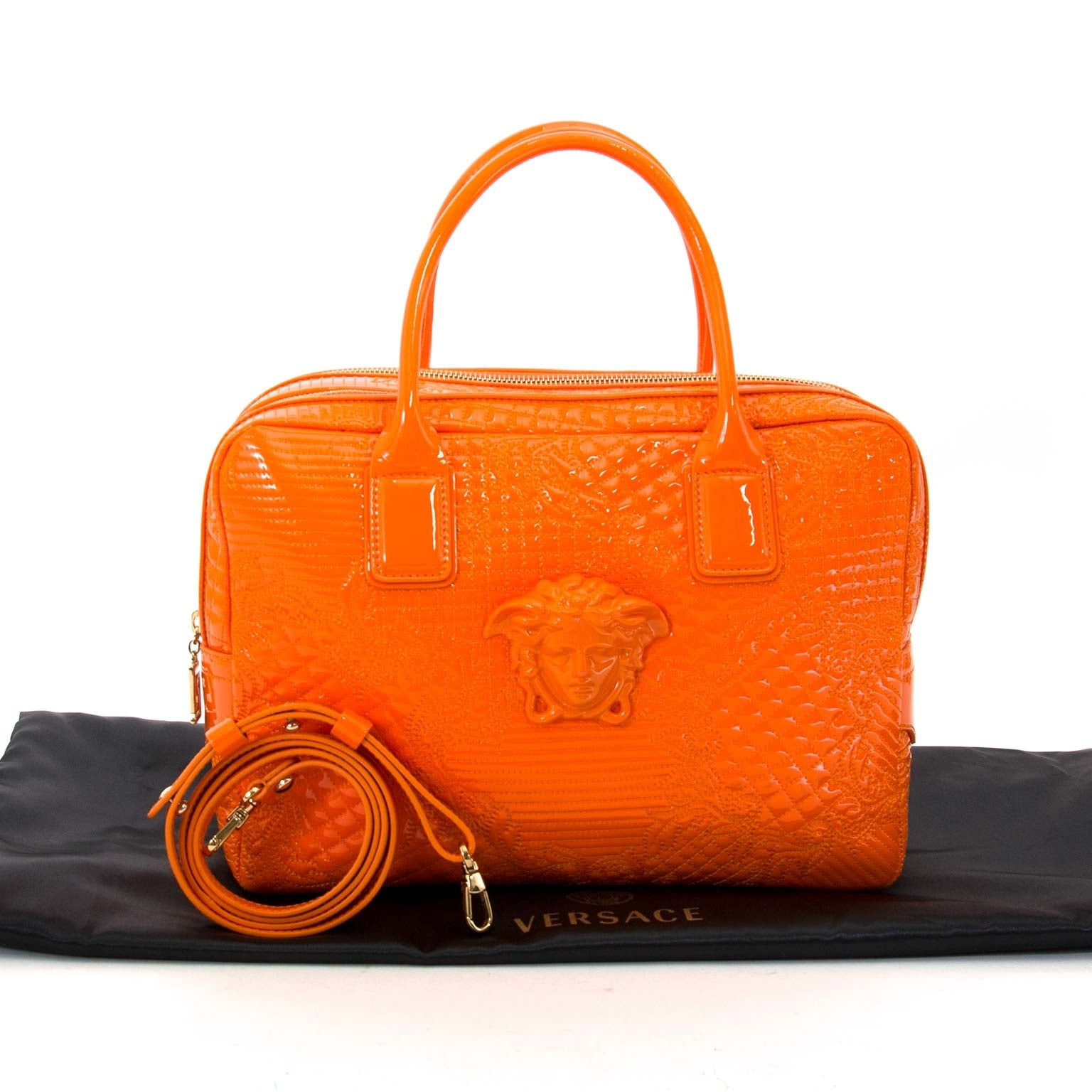 Versace Orange Patent Leather Bowling Bag