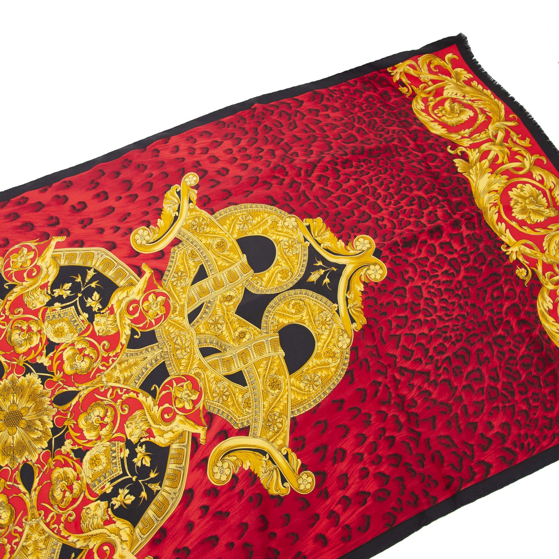 Authentieke tweedehands Versace scarf red blue and gold leopard print shop online LabelLOV