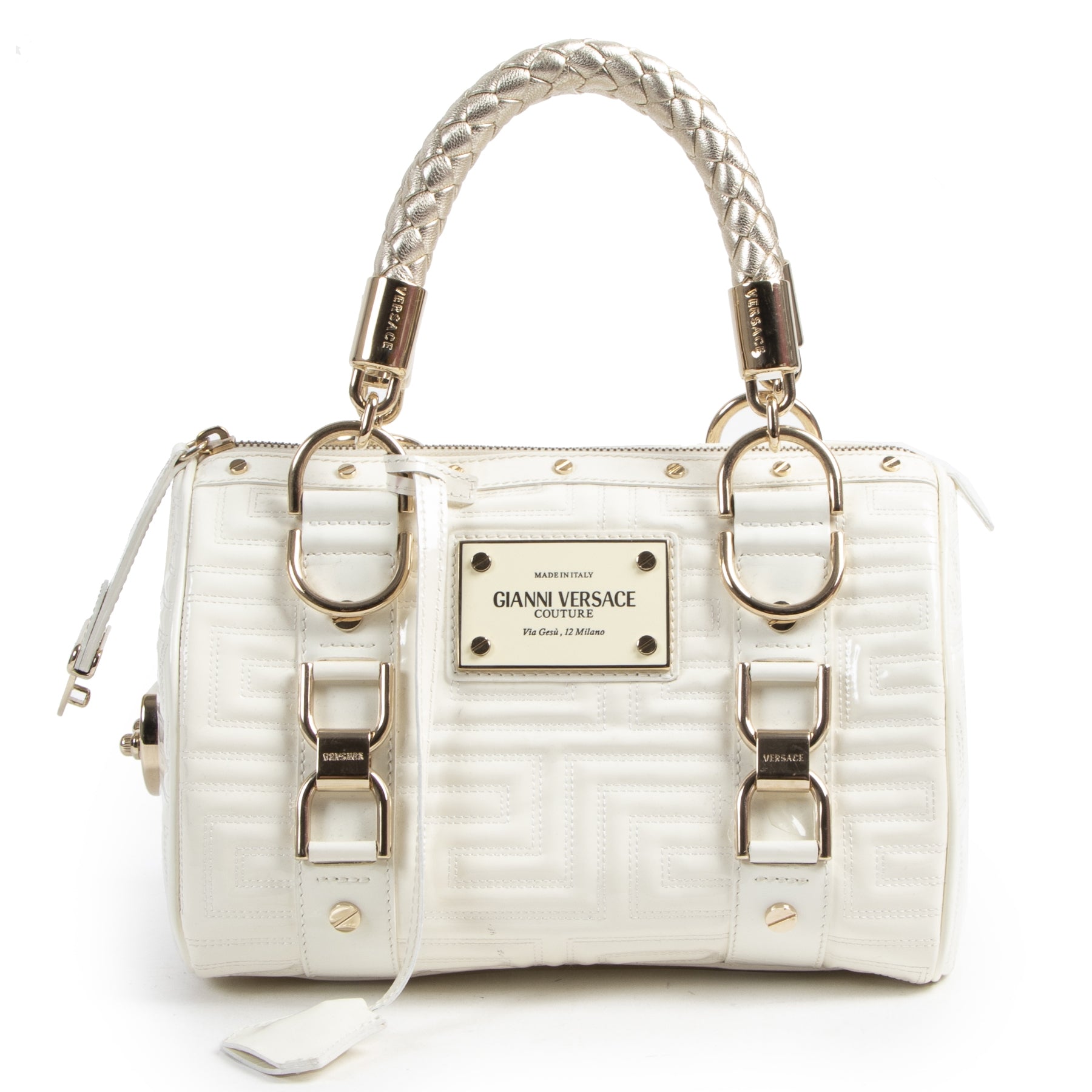 Authentic secondhand Gianni Versace Couture White Patent Leather Top Handle Bag designer bags fashion luxury vintage webshop safe secure online shopping