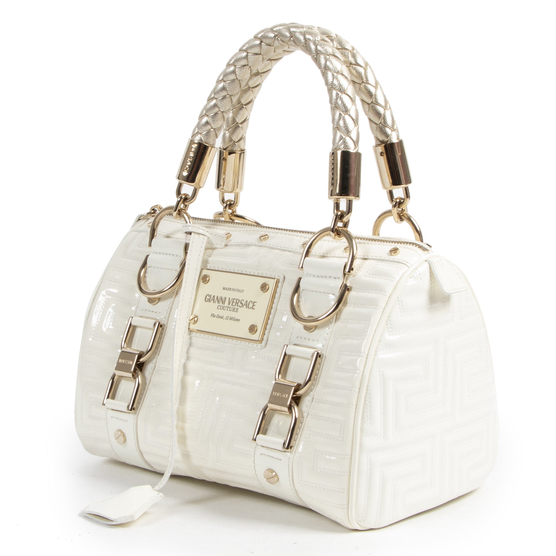 Authentieke Tweedehands Gianni Versace Couture White Patent Leather Top Handle Bag juiste prijs veilig online shoppen luxe merken webshop winkelen Antwerpen België mode fashion