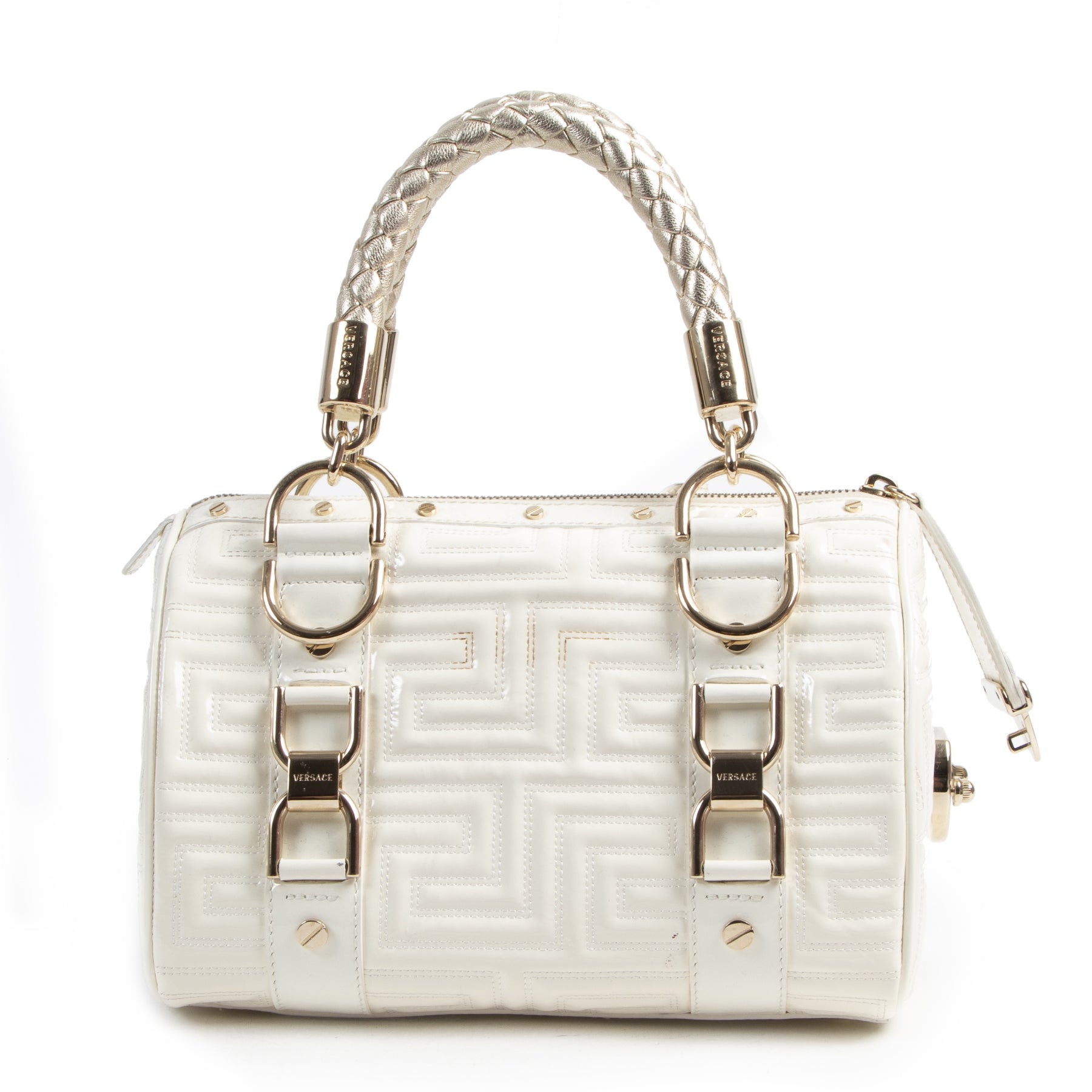 Authentieke Tweedehands Gianni Versace Couture White Patent Leather Top Handle Bag juiste prijs veilig online shoppen luxe merken webshop winkelen Antwerpen België mode fashion