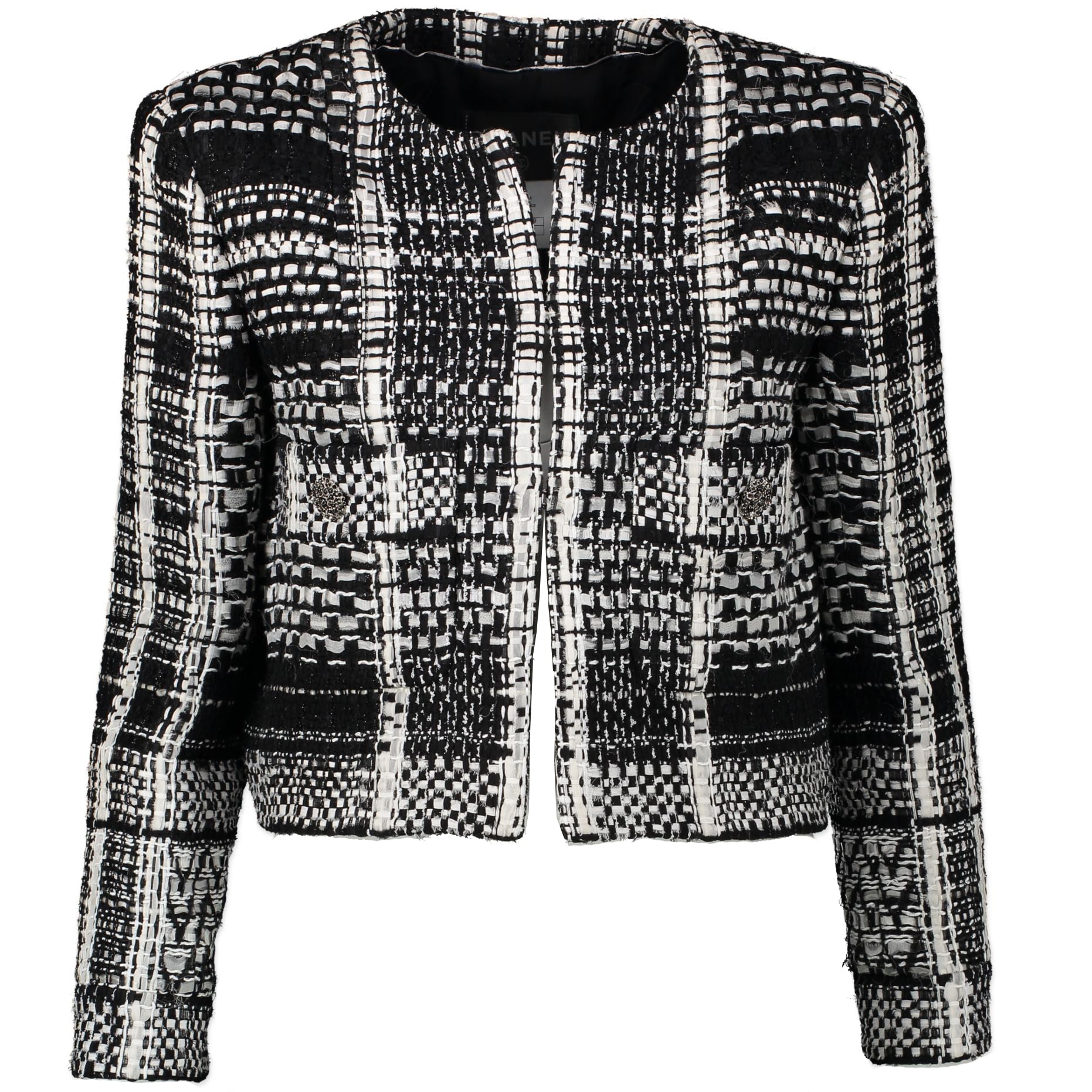 Chanel Black & White Checked Tweed Jacket - Size FR 42