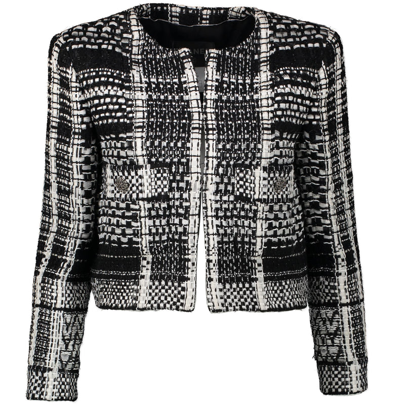 Chanel Black & White Checked Tweed Jacket - Size FR 42